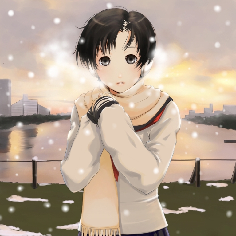 nanahime, original, bad id, bad pixiv id, black eyes, black hair, blush, breath, cold, reflection, scarf, school uniform, short hair, snow, snowing, water