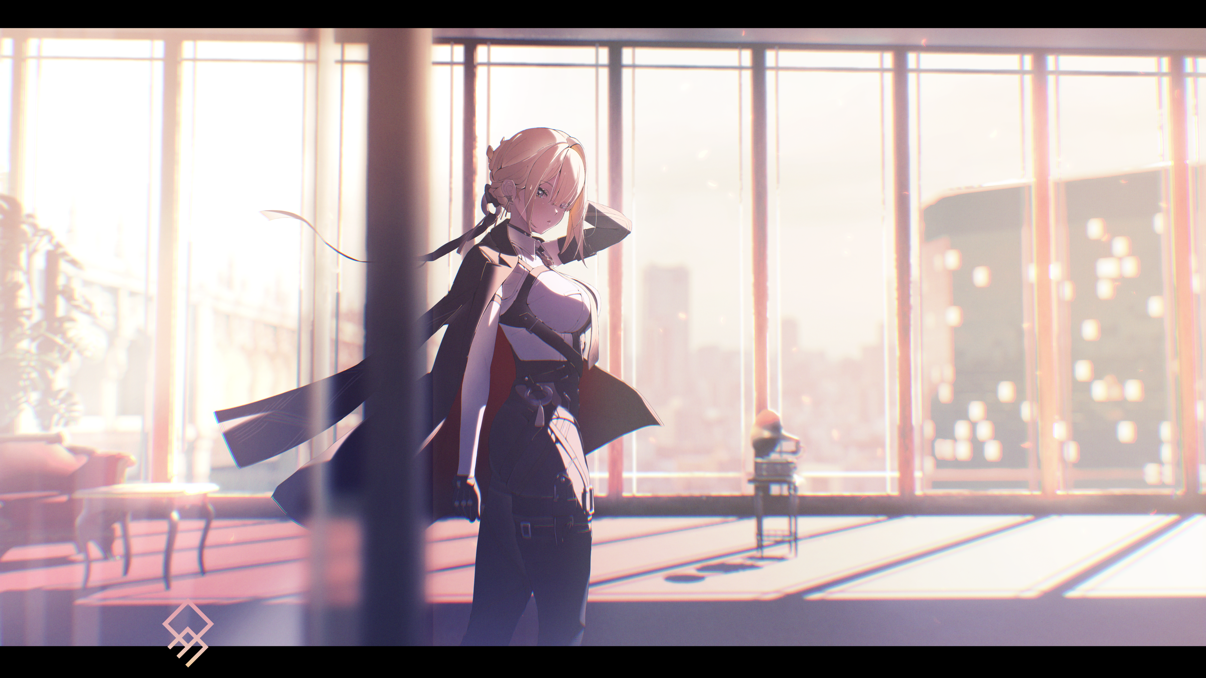 quragenomiken, evelyn chevalier, zenless zone zero, absurdres, commentary, english commentary, highres, 1girl, arm up, artist logo, asymmetrical gloves, black gloves, black jacket, black pants, blonde hair, breasts, from side, gloves, indoors, jacket, jacket on shoulders, large breasts, letterboxed, logo, looking at viewer, looking to the side, pants, phonograph, ring hair ornament, solo, standing, uneven gloves