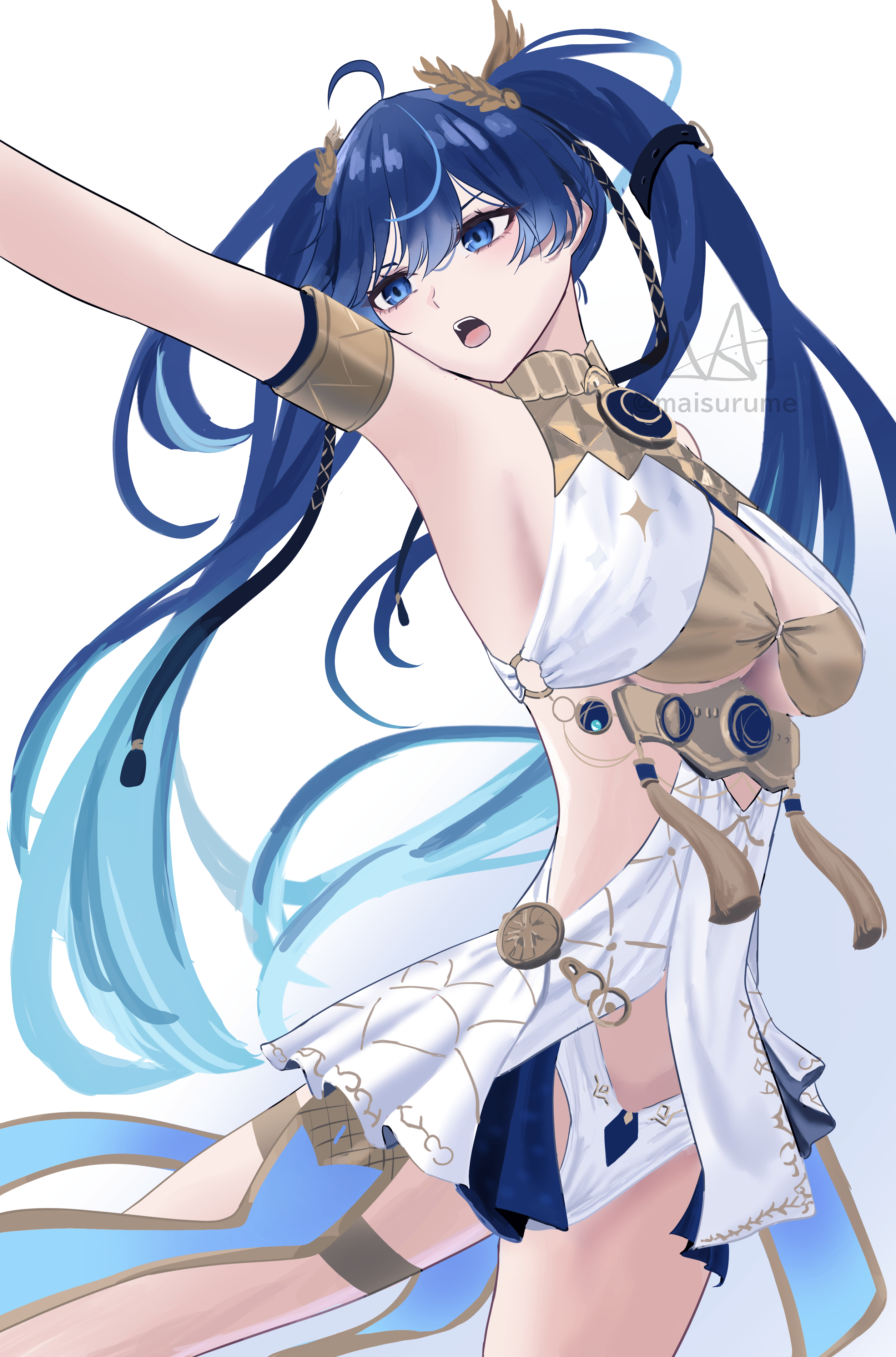 iuno (wuthering waves), wuthering waves, absurdres, commentary, highres, 1girl, ahoge, ancient greek clothes, armlet, bare shoulders, black skirt, blue eyes, blue hair, breasts, cleavage, gold bra, gradient hair, greco-roman clothes, hair belt, jewelry, laurel crown, long hair, maisurume, medium breasts, multicolored hair, open mouth, showgirl skirt, simple background, skirt, solo, streaked hair, twintails, white background