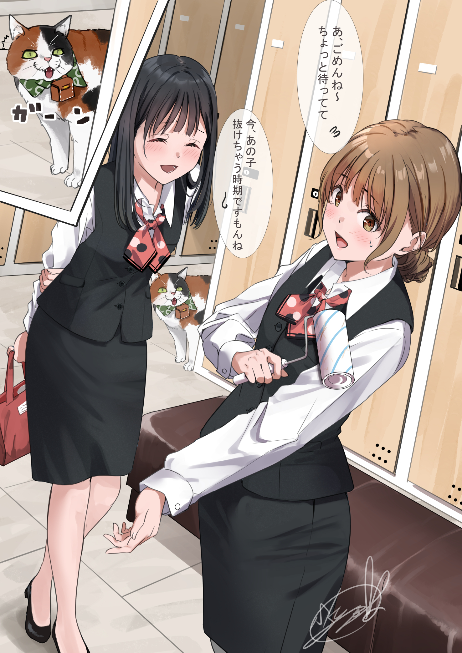 soragane (banisinngurei), original, commentary request, highres, translation request, 2girls, arms behind back, bag, bench, black hair, black shoes, black skirt, black vest, brown eyes, brown hair, cat, closed eyes, collared shirt, holding, holding bag, indoors, lint roller, locker, locker room, long hair, long sleeves, matching outfits, multiple girls, neckerchief, office lady, open mouth, red bag, red neckerchief, shirt, shoes, signature, skirt, speech bubble, tile floor, tiles, vest, white shirt