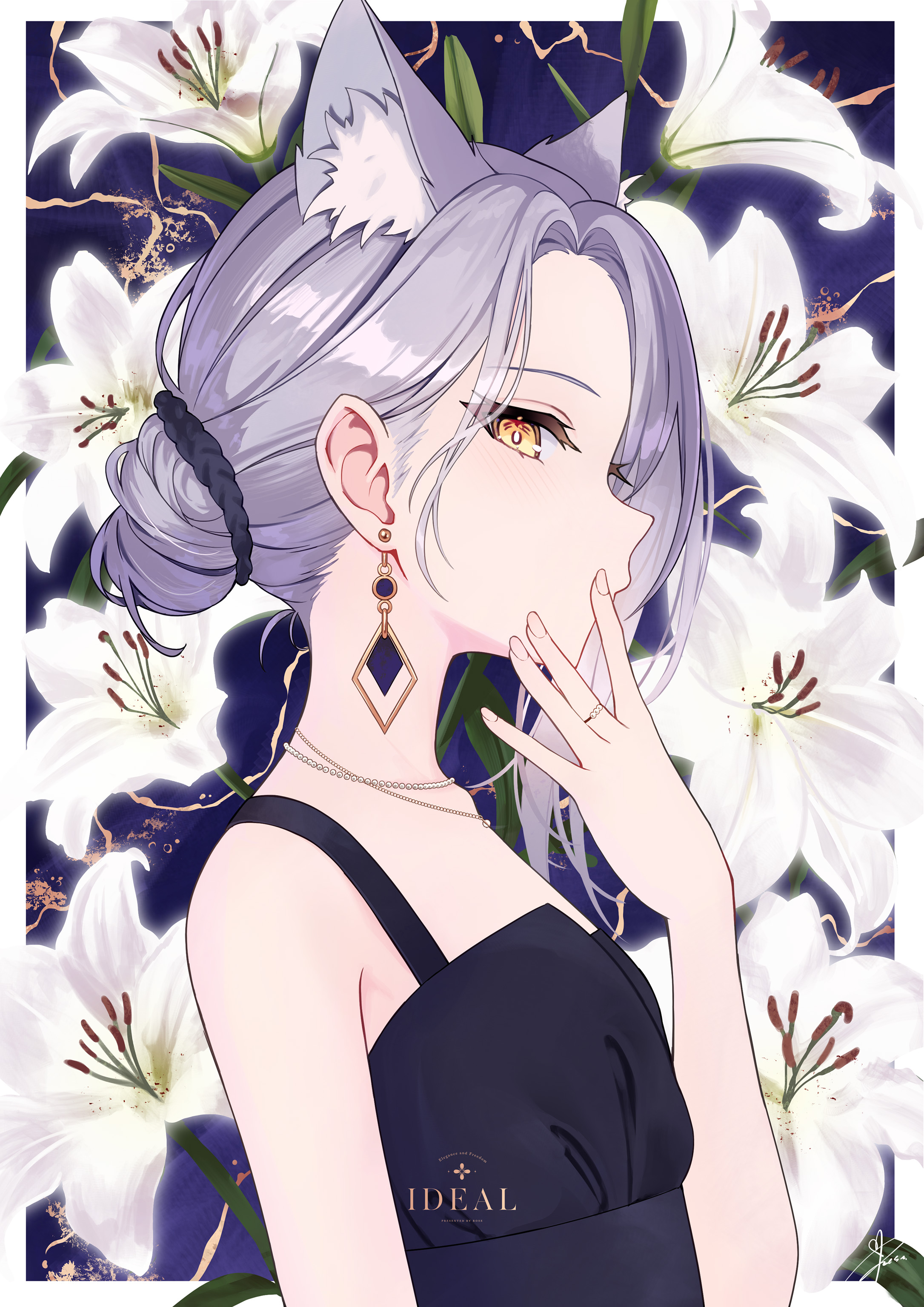 lows., roa (lows.), original, absurdres, commentary request, highres, mixed-language commentary, 1girl, animal ear fluff, animal ears, asymmetrical bangs, black dress, breasts, covering own mouth, diamond-shaped earrings, diamond (shape), diamond earrings, dress, earrings, english text, fingernails, floral background, flower, from side, grey hair, hair bun, hair ornament, hair scrunchie, hand on own face, jewelry, lily (flower), looking at viewer, looking to the side, necklace, ring, scrunchie, single hair bun, sleeveless, sleeveless dress, small breasts, solo, upper body, white hair, yellow eyes