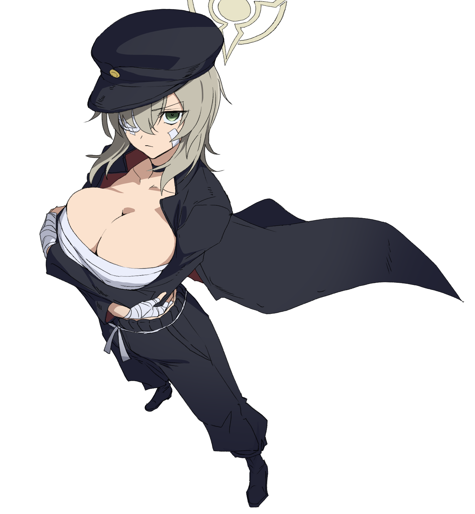 momomatang, suou (blue archive), blue archive, commentary request, highres, 1girl, alternate costume, arms under breasts, bandaged hand, bandages, bandaid, bandaid on cheek, bandaid on face, black hat, black pants, black shirt, black shoes, breasts, brown hair, brown halo, cleavage, closed mouth, collarbone, crossed arms, delinquent, foreshortening, from above, frown, full body, gakuran, gauze, gauze over eye, green eyes, halo, hat, large breasts, long sleeves, looking at viewer, medium hair, one eye covered, open clothes, open shirt, pants, peaked cap, sarashi, school uniform, shirt, shoes, simple background, solo, standing, upturned eyes, v-shaped eyebrows, white background