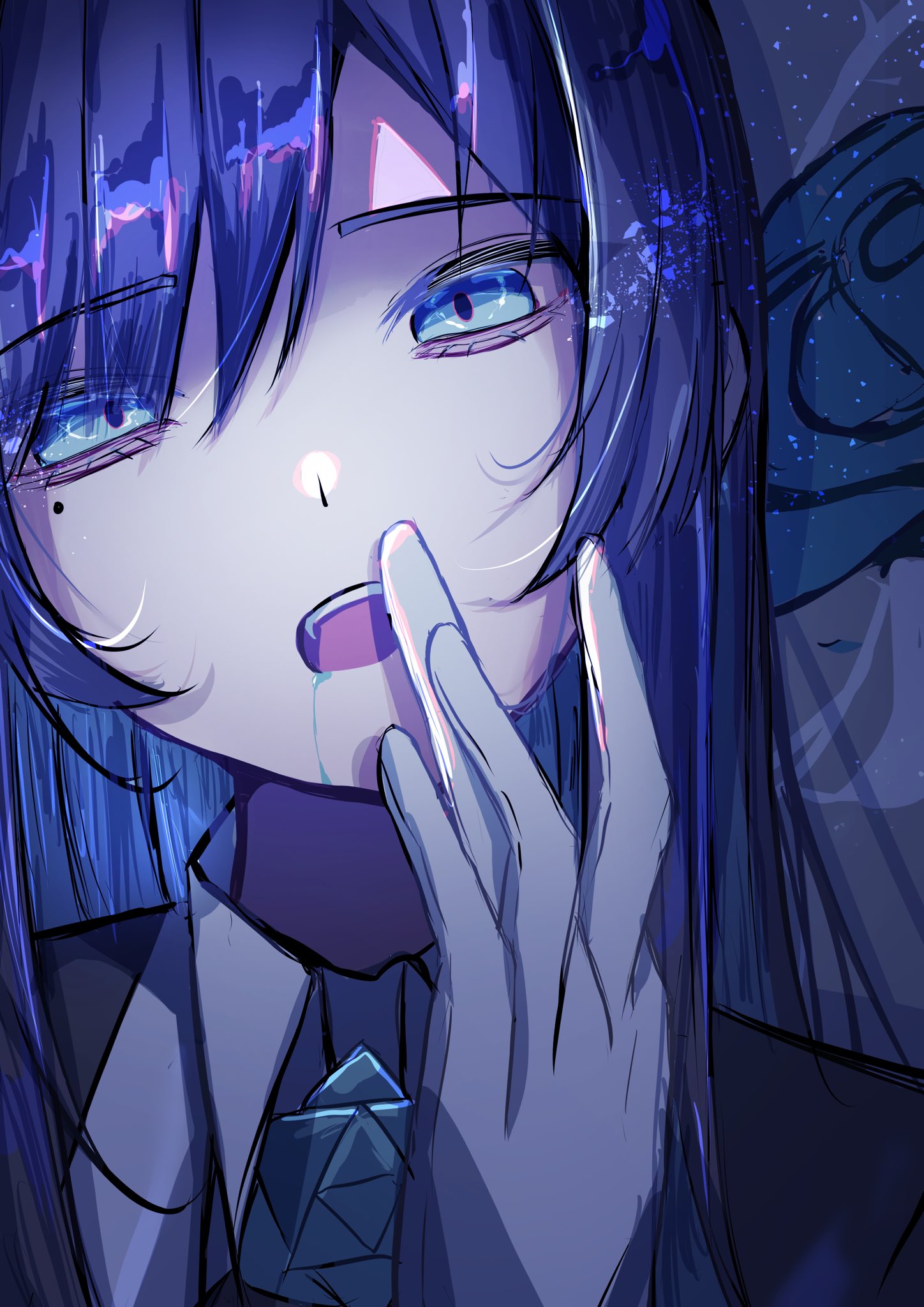 megu (9abgoluanvcjd7o), chando (ado), ado (utaite), commentary, highres, 1girl, blue eyes, blue hair, gloves, hand up, light particles, looking at viewer, mole, mole under eye, portrait, solo, teeth, upper teeth only, utaite, white gloves