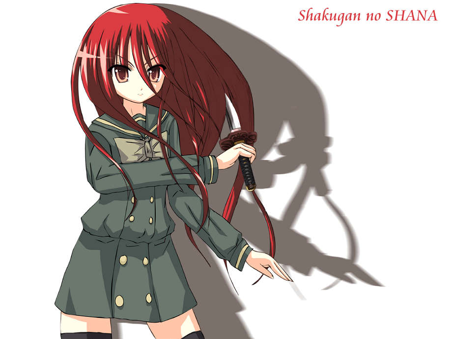 shana, shakugan no shana, non-web source, 00s, red eyes, red hair, school uniform, solo, sword, thighhighs, weapon