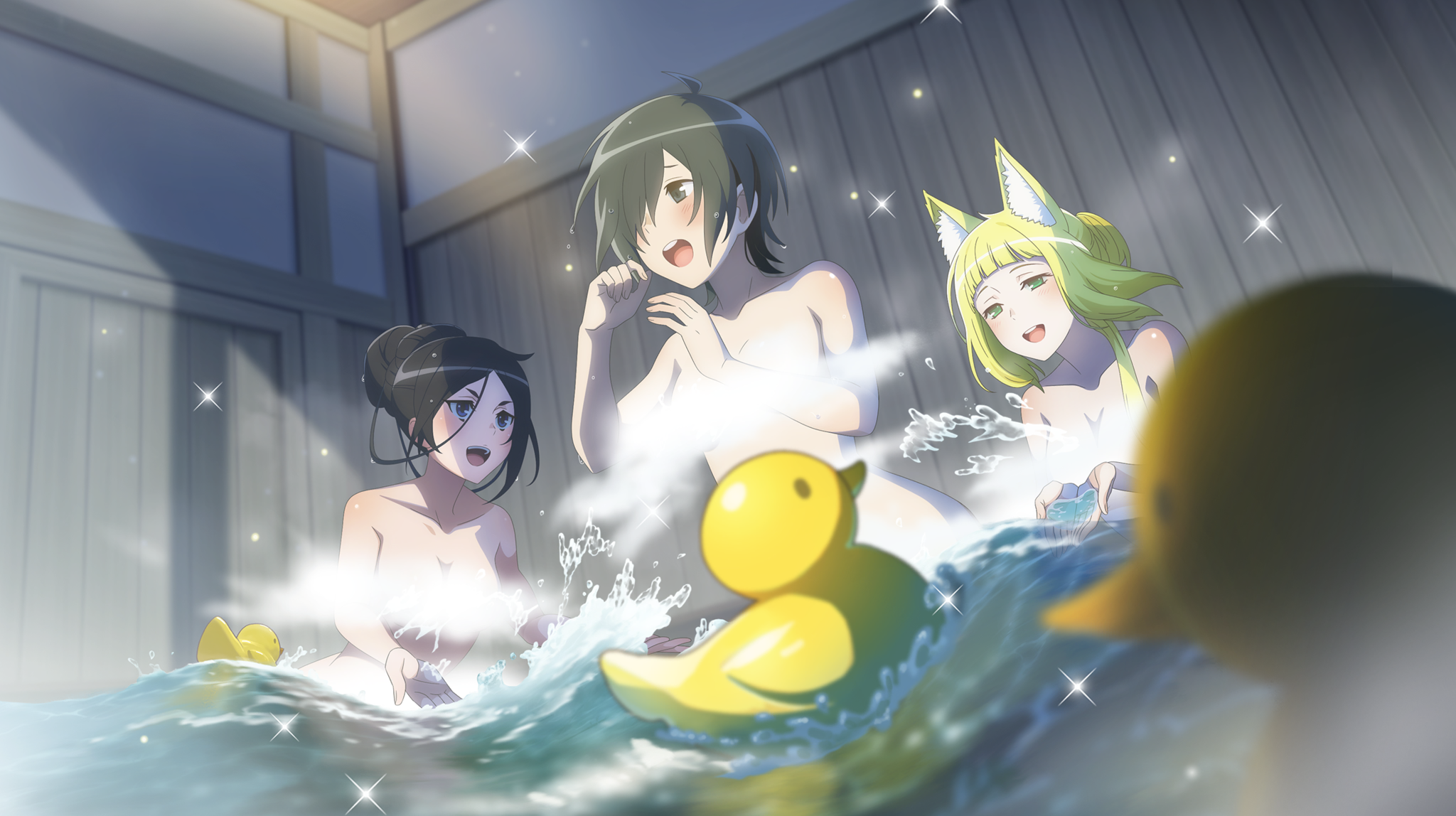 hitachi chigusa, sanjouno haruhime, yamato mikoto, danmachi battle chronicle, dungeon ni deai wo motomeru no wa machigatteiru darou ka, game cg, highres, non-web source, official art, 3girls, :d, animal ear fluff, animal ears, anime coloring, black hair, blonde hair, breasts, cleavage, convenient censoring, fox ears, fox girl, green eyes, grey eyes, hair bun, hands up, indoors, light blush, medium breasts, multiple girls, nude, official alternate hairstyle, open mouth, partially submerged, rubber duck, same-sex bathing, shared bathing, short hair, single hair bun, smile, splashing, steam, steam censor