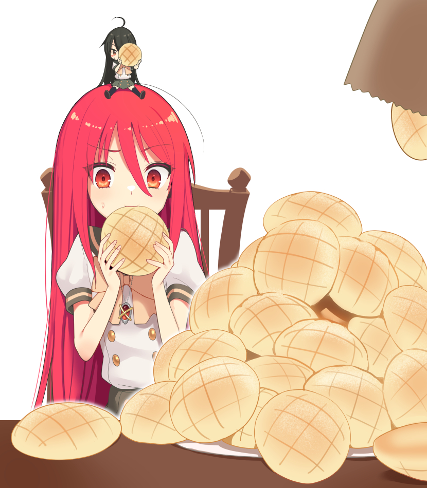 ohlia, alastor (shakugan no shana), shana, shakugan no shana, 1girl, ahoge, black hair, blush, bread, chibi, chibi on head, clone, dual persona, food, green sailor collar, green serafuku, hair between eyes, jewelry, long hair, looking at viewer, melon bread, misaki high school uniform, on head, pendant, person on head, red eyes, red hair, sailor collar, school uniform, serafuku, shirt, solo, too many, very long hair