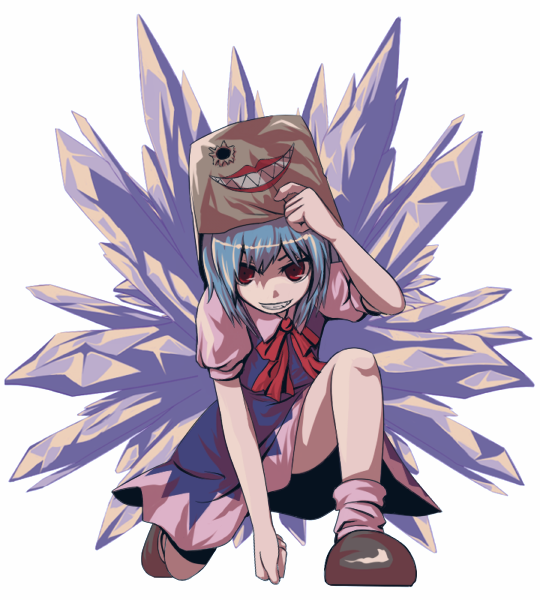 tori rui, cirno, joker (persona 2), atlus, persona, persona 2, persona 2 batsu, touhou, 1girl, bag, bag on head, bag over head, crossover, female focus, grin, paper bag, smile, solo