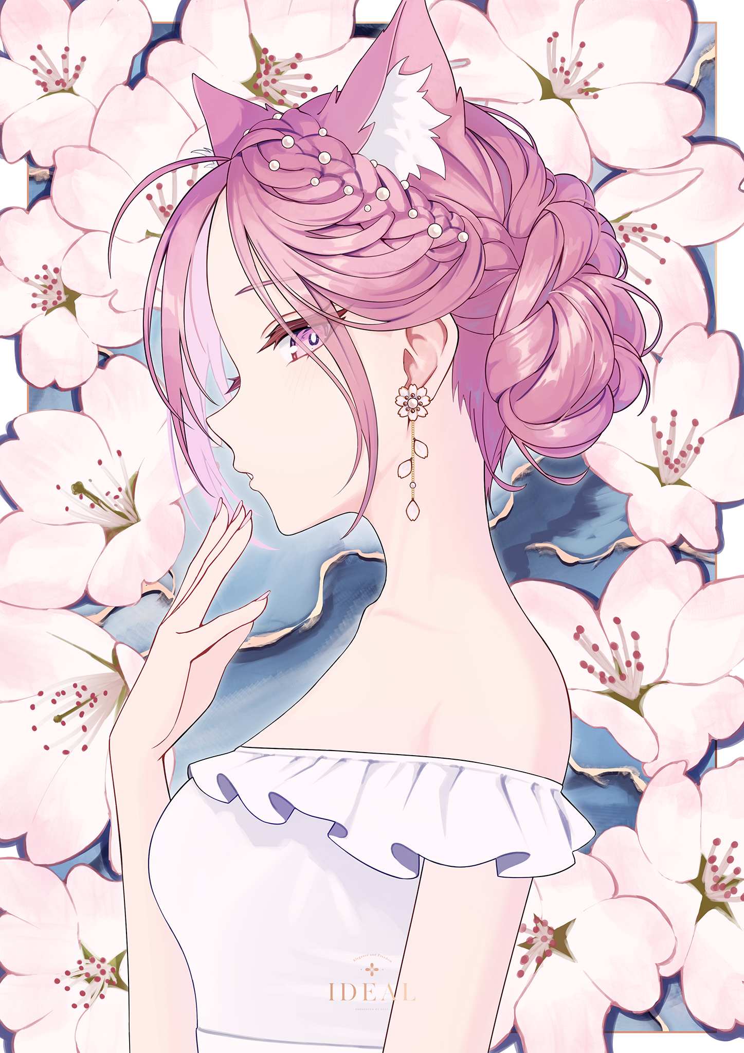 lows., original, commentary request, highres, mixed-language commentary, 1girl, ahoge, animal ear fluff, animal ears, asymmetrical bangs, bare shoulders, braid, breasts, cherry blossoms, collarbone, dress, earrings, english text, expressionless, floral background, flower earrings, from side, hair bun, half up braid, hand to own mouth, jewelry, looking at viewer, looking to the side, off-shoulder dress, off shoulder, parted lips, pearl hair ornament, pink eyes, pink hair, pink nails, ruka (lows.), short sleeves, single hair bun, small breasts, solo, upper body, white dress