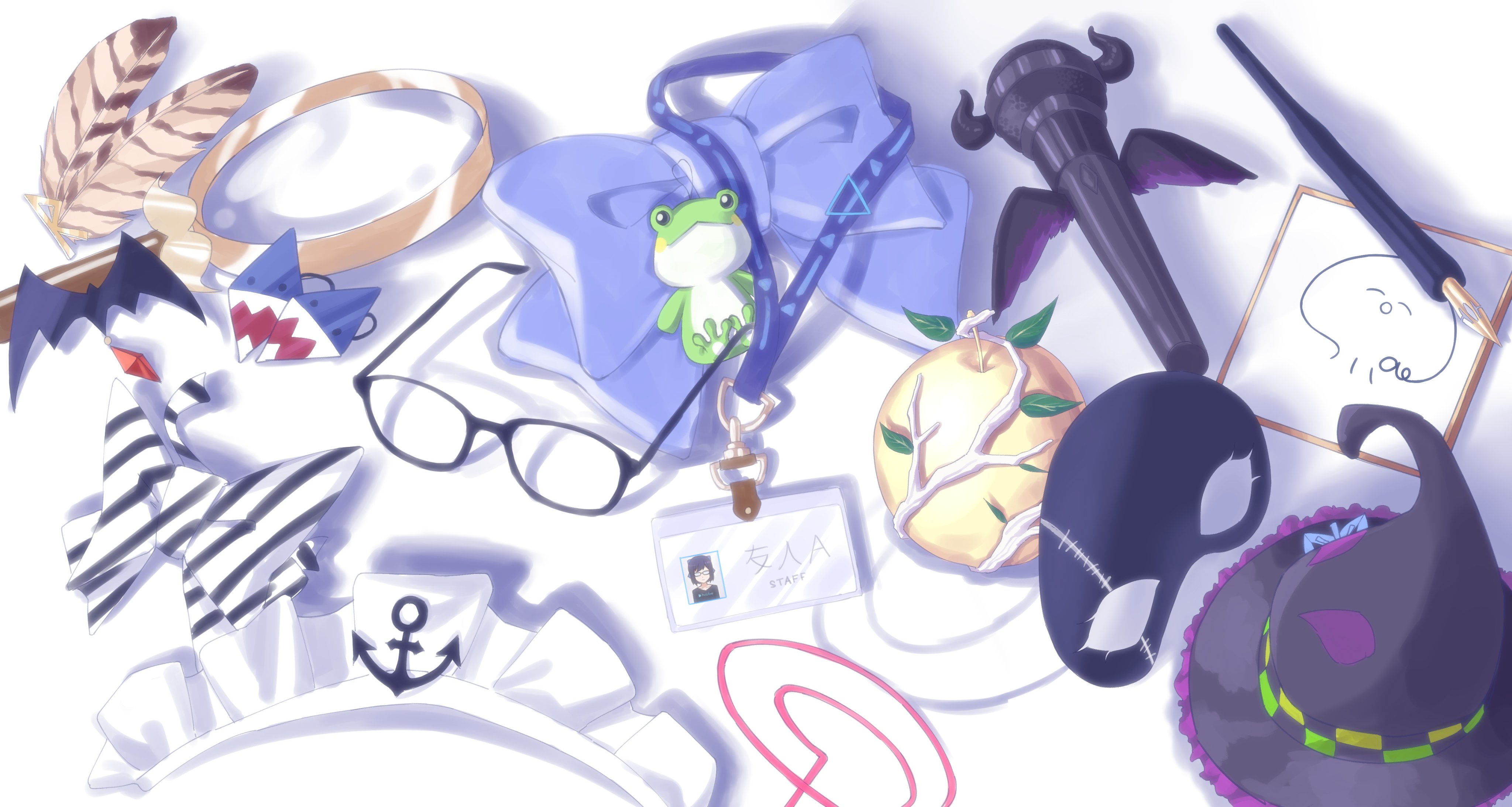 ginfutsuu, a-chan (hololive), ceres fauna, gawr gura, harusaki nodoka, hiodoshi ao, kiryu coco, mano aloe, minato aqua, murasaki shion, nanashi mumei, sakamata chloe, tsukumo sana, watson amelia, yozora mel, hololive, hololive dev is, hololive english, absurdres, commentary, english commentary, highres, variant set, anchor, anchor ornament, apple, bat hair ornament, black bow, blue bow, bow, branch, character name, character signature, charm (object), diagonal-striped bow, eye mask, feathers, food, frog, fruit, glasses, golden apple, hair ornament, hair tie, hat, id card, lanyard, leaf, limiter (tsukumo sana), magnifying glass, maid headdress, mask, microphone, nib pen (object), no humans, object focus, pen, rectangular eyewear, shadow, shark hair ornament, still life, striped bow, trait connection, triangle, two-tone bow, unworn eyewear, unworn hair ornament, unworn hat, unworn headwear, unworn mask, virtual graduation commemoration, virtual youtuber, white background, white bow, witch hat