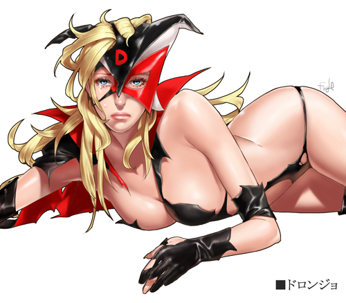 fugi jis, doronjo, time bokan (series), yatterman, lowres, 1girl, blonde hair, blue eyes, breasts, cleavage, defeat, female focus, large breasts, latex, long hair, mask, sad, solo, tears, torn clothes