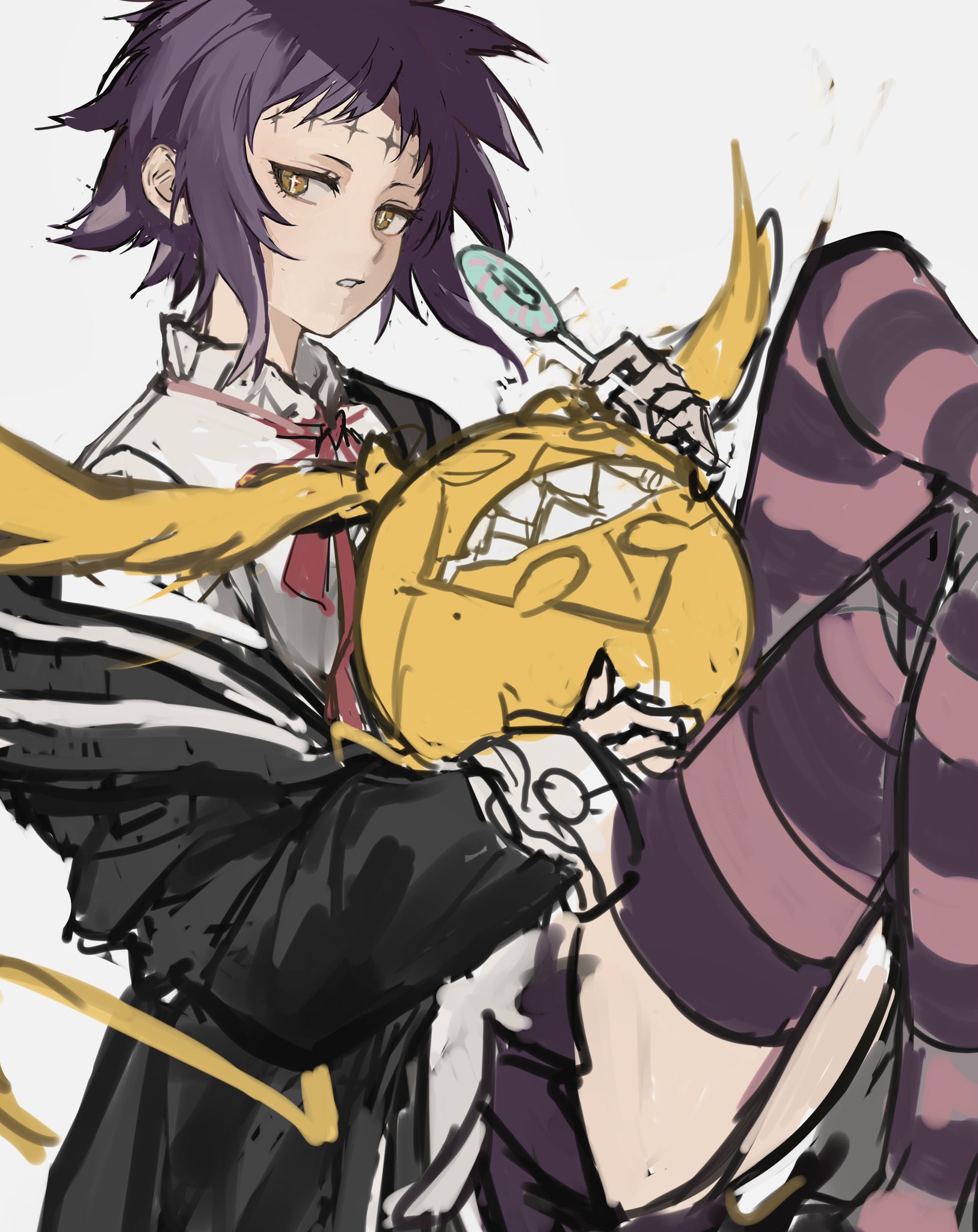 shachi ark, road kamelot, timcanpy, d.gray-man, highres, unfinished, 1girl, black coat, black order uniform, candy, coat, coat partially removed, creature, cross, cross in eye, dress shirt, facial mark, food, forehead mark, golem (d.gray-man), grey background, holding, holding candy, holding creature, holding food, holding lollipop, lollipop, looking at viewer, messy hair, miniskirt, noah (d.gray-man), parted lips, pink thighhighs, pleated skirt, purple hair, purple skirt, purple thighhighs, red ribbon, ribbon, sharp teeth, shirt, short hair, sidelocks, simple background, sitting, skirt, solo, spiked hair, striped coat, tail, teeth, thighhighs, thighs, two-tone thighhighs, vertical-striped coat, white shirt, wings, yellow eyes