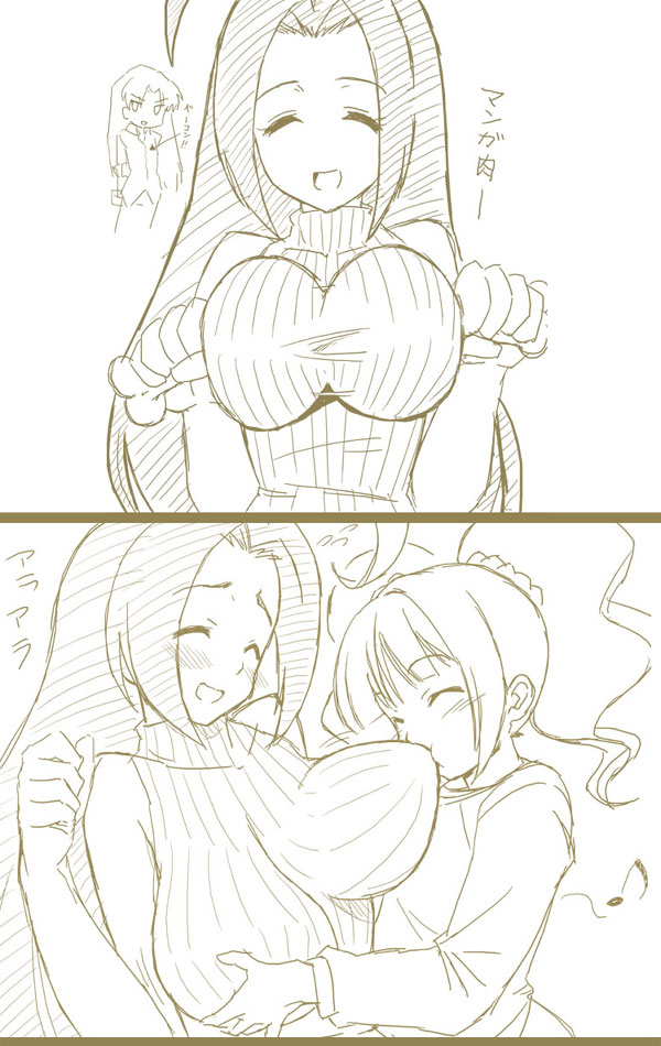 tai (pixiv6134), kisaragi chihaya, miura azusa, takatsuki yayoi, idolmaster, idolmaster (classic), idolmaster 1, bad id, bad pixiv id, 00s, 3girls, blush, breast sucking, breast sucking through clothes, breasts, food, huge breasts, meat, monochrome, multiple girls, sweater, yuri