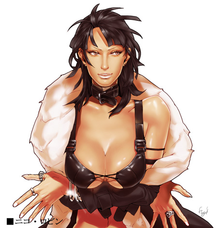 fugi jis, nico robin, one piece, lowres, 1girl, armband, artist name, black hair, breasts, character name, cleavage, crossed arms, female focus, fur trim, huge breasts, jewelry, lace up front, lips, off shoulder, realistic, ring, short hair, simple background, solo, upper body, white background