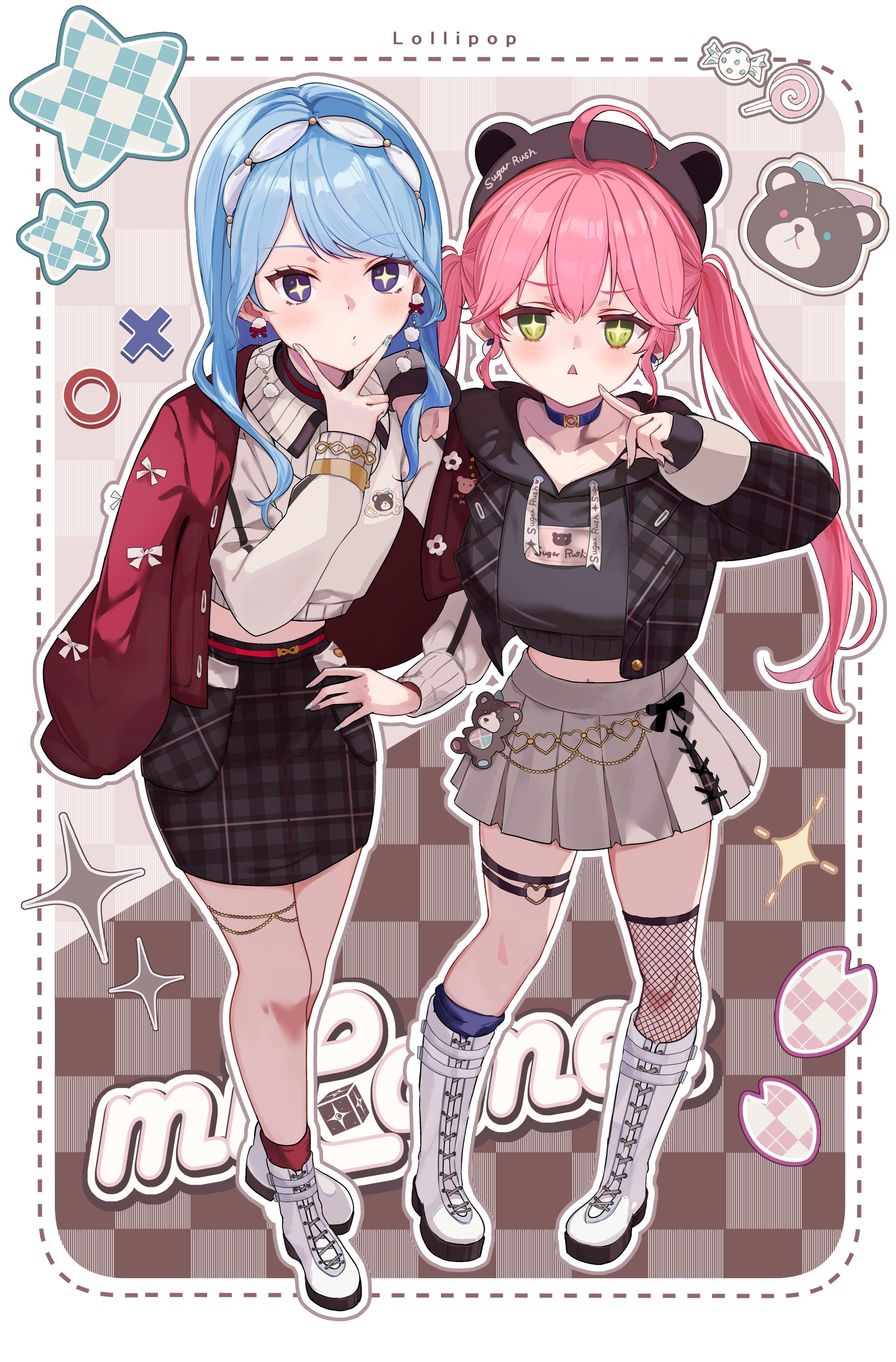 aya02ka, hoshimachi suisei, hoshimachi suisei (micomet), sakura miko, sakura miko (micomet), hololive, absurdres, highres, 2girls, ahoge, blue eyes, blue hair, green eyes, long hair, multiple girls, official alternate costume, pink hair, virtual youtuber