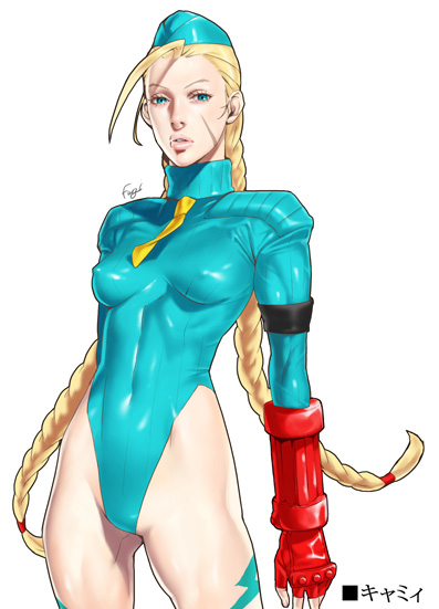 fugi jis, cammy white, capcom, street fighter, 1girl, beret, blonde hair, blue eyes, blue leotard, braid, female focus, fingerless gloves, garrison cap, gloves, hat, leotard, long hair, solo, twin braids