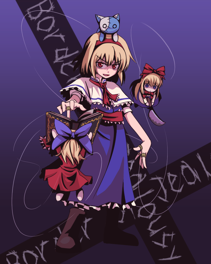 tori rui, alice margatroid, hourai doll, shanghai doll, touhou, 1girl, blonde hair, book, boots, bow, capelet, doll, female focus, full body, grimoire, grimoire of alice, hair bow, hairband, holding, long skirt, looking at viewer, marionette, on head, outstretched arm, puppet, red eyes, ribbon, sash, short hair, skirt, skirt set, standing, string, toy