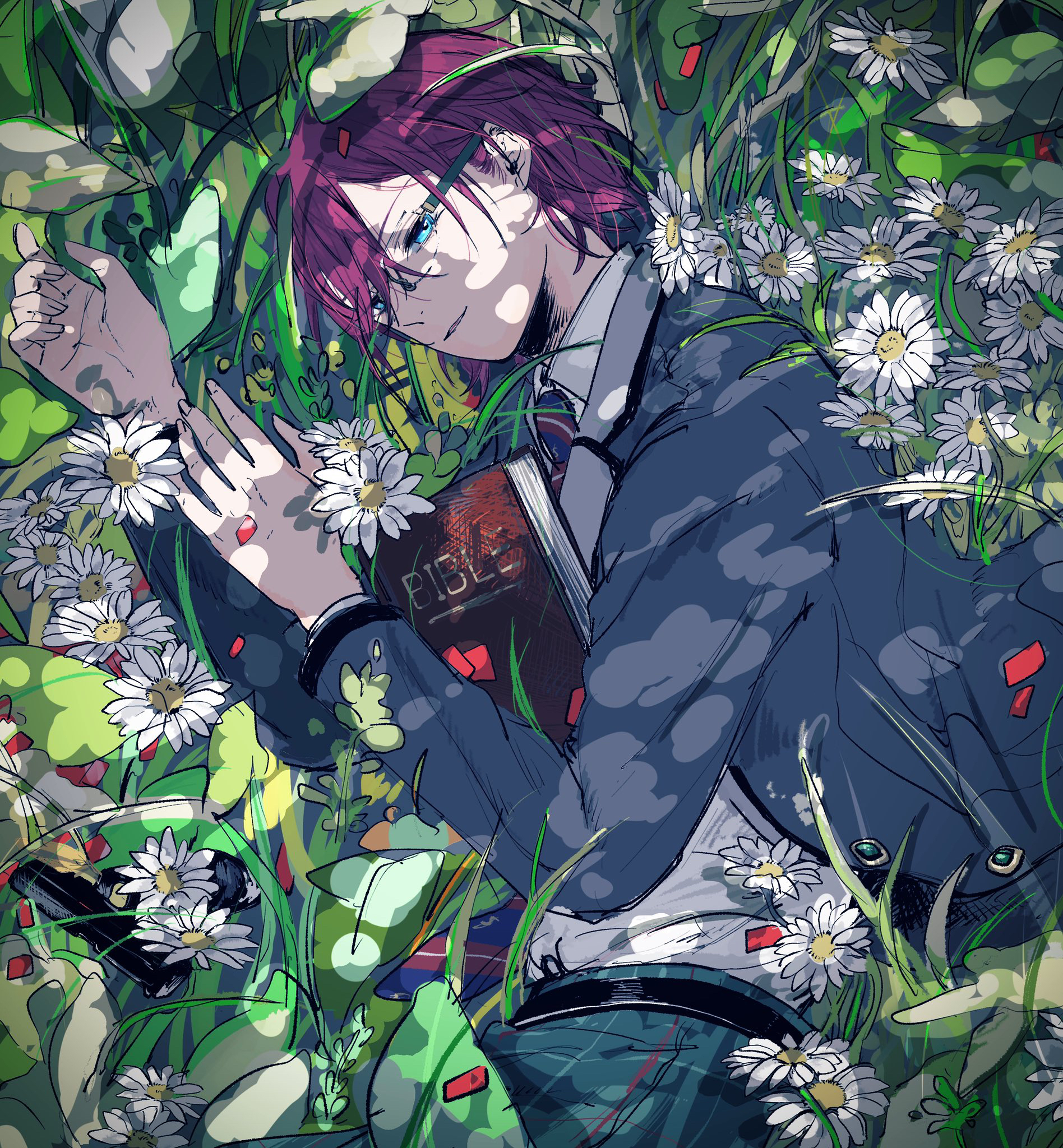 saegusa ibara, ensemble stars!, commentary, highres, 1boy, belt, bible (object), black belt, blazer, blue eyes, book, buttons, collared shirt, confetti, daisy (flower), dappled sunlight, day, diagonal-striped clothes, diagonal-striped necktie, field, flower, flower field, glasses, grass, grey jacket, hair between eyes, half-closed eyes, hands up, holding, holding book, jacket, lapels, leaf, long sleeves, looking at viewer, lower body, lying, necktie, notched lapels, on grass, on side, open clothes, open jacket, open mouth, outdoors, pants, pink hair, plaid clothes, plaid pants, plant, school uniform, shirt, short hair, shuetsu school uniform, smile, solo, striped clothes, sunlight, white flower, white shirt