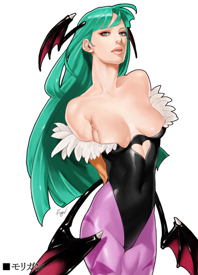 fugi jis, morrigan aensland, capcom, darkstalkers, 1girl, bat wings, breasts, cleavage, demon girl, female focus, green eyes, green hair, head wings, large breasts, long hair, matching hair/eyes, pantyhose, solo, wings