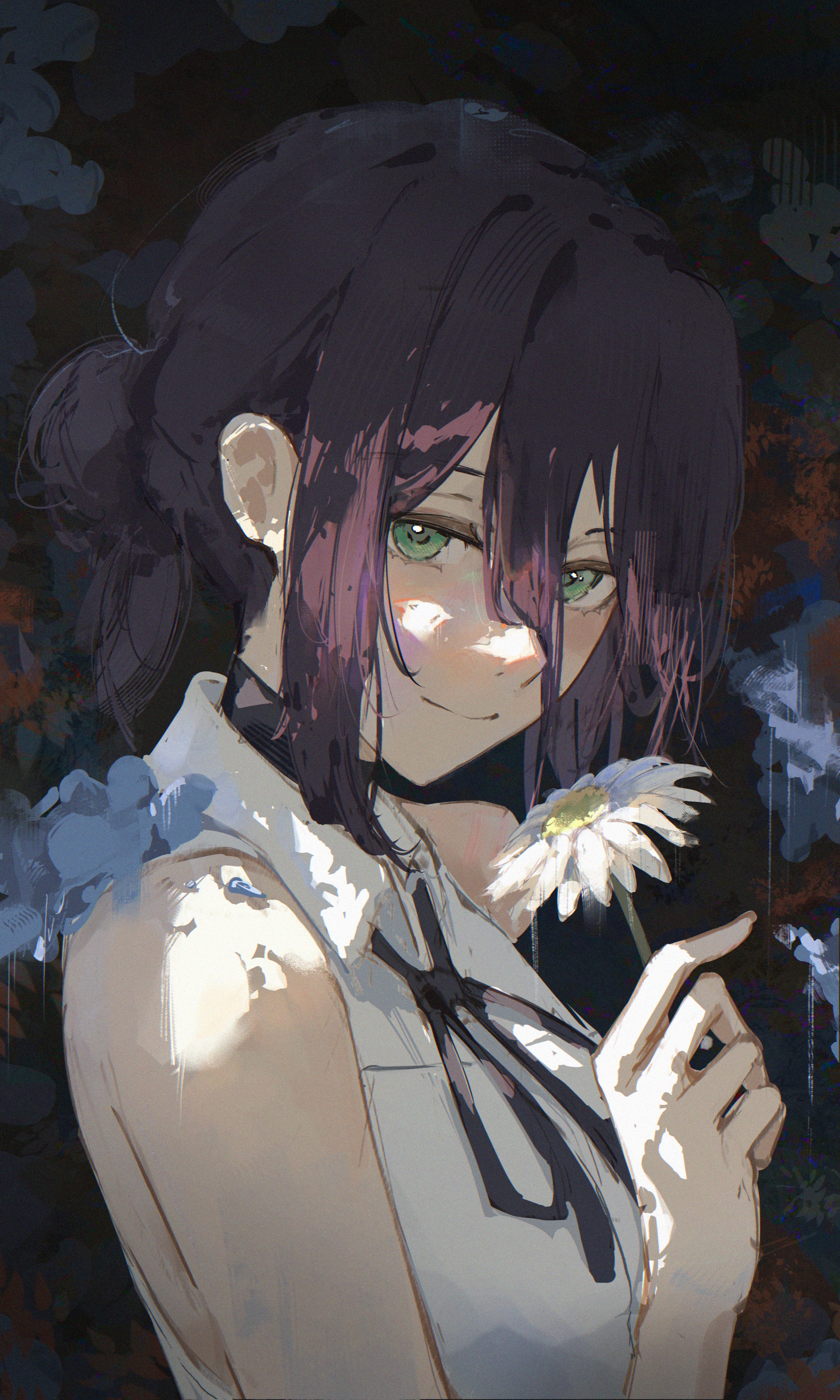 eien 001, reze (chainsaw man), chainsaw man, absurdres, highres, 1girl, black choker, black ribbon, choker, collared shirt, flower, green eyes, hair between eyes, holding, holding flower, looking at viewer, neck ribbon, ponytail, ribbon, shirt, short ponytail, sidelocks, sleeveless, sleeveless shirt, smile, solo, swept bangs, upper body, white flower, white shirt