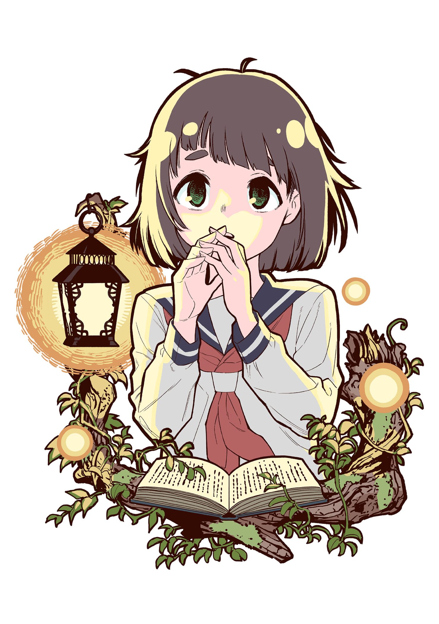 highres, non-web source, official art, 1girl, ahoge, asura no sata, black sailor collar, book, brown hair, covered mouth, green eyes, hands up, ivy, lantern, leaf, long hair, long sleeves, medium hair, neckerchief, open book, otori (asura no sata), plant, red neckerchief, sailor collar, school uniform, serafuku, short eyebrows, simple background, solo, thick eyebrows, uneven bangs, upper body, utsugi unohana, vines, white background