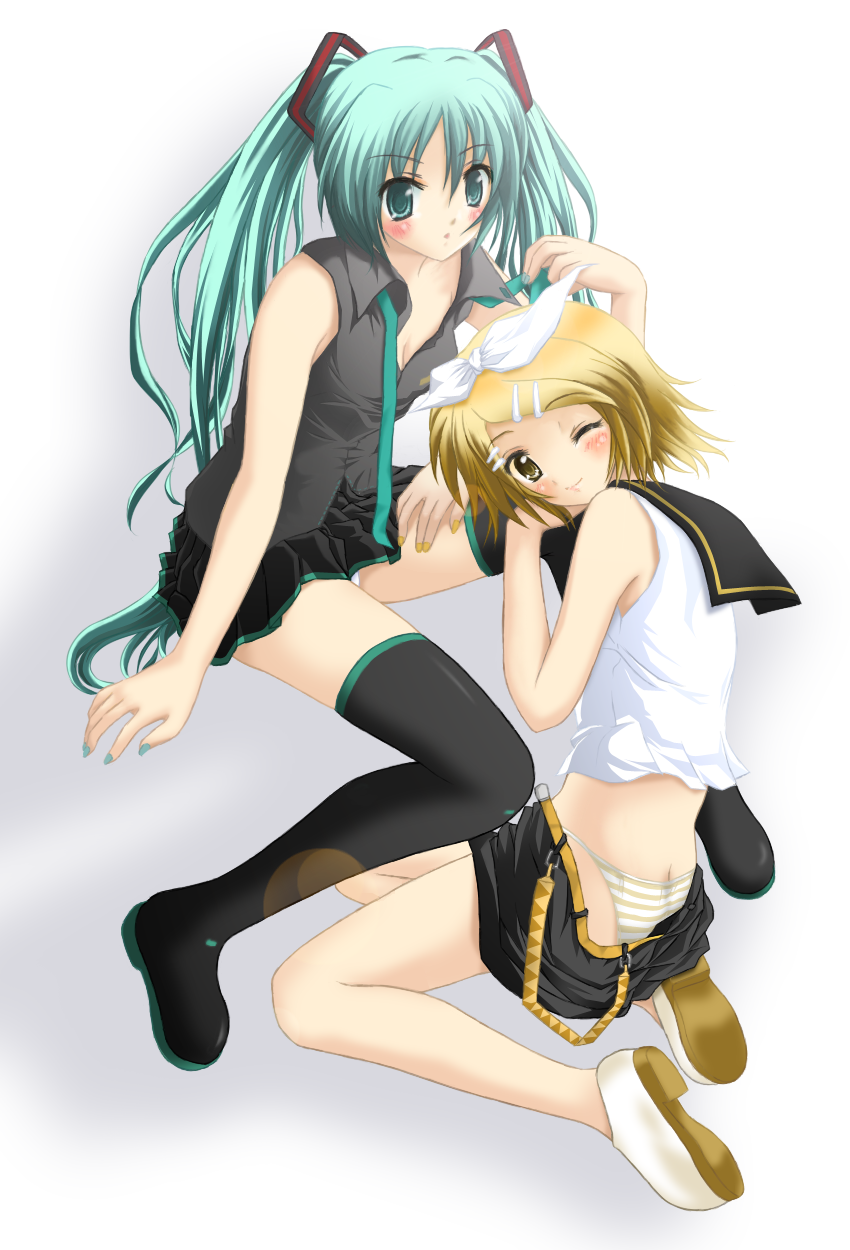 nekokotei, hatsune miku, kagamine rin, vocaloid, bad id, bad pixiv id, highres, 2girls, aqua eyes, aqua hair, blonde hair, blush, long hair, multiple girls, one eye closed, panties, skirt, striped clothes, striped panties, thighhighs, twintails, underwear, undressing, wink, yellow eyes, zettai ryouiki