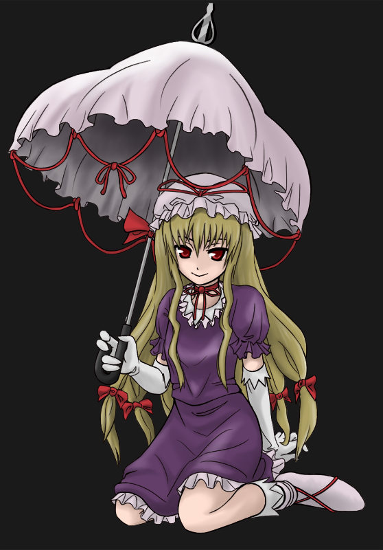tori rui, yakumo yukari, touhou, 1girl, dress, elbow gloves, female focus, full body, gloves, hat, simple background, solo