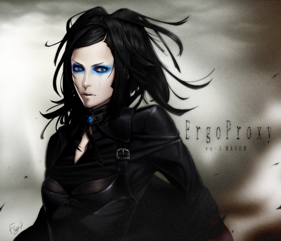 fugi jis, re-l mayer, ergo proxy, 00s, 1girl, black hair, blue eyes, eyeshadow, female focus, long hair, makeup, solo