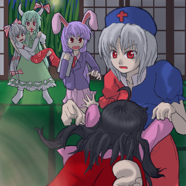 tori rui, ex-keine, fujiwara no mokou, houraisan kaguya, kamishirasawa keine, reisen udongein inaba, yagokoro eirin, touhou, 5girls, blood, carrying, female focus, indoors, multiple girls, nosebleed, plant, princess carry, standing