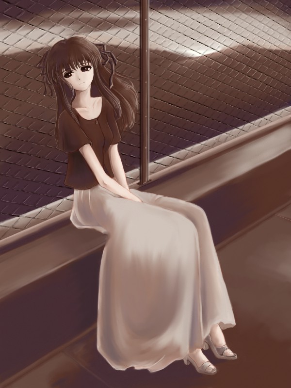 amano takumi, toono minagi, air (visual novel), 00s, 1girl, female focus, hair ribbon, high heels, long hair, looking to the side, mountain, ribbon, sandals, sepia, shoes, sitting, skirt, solo