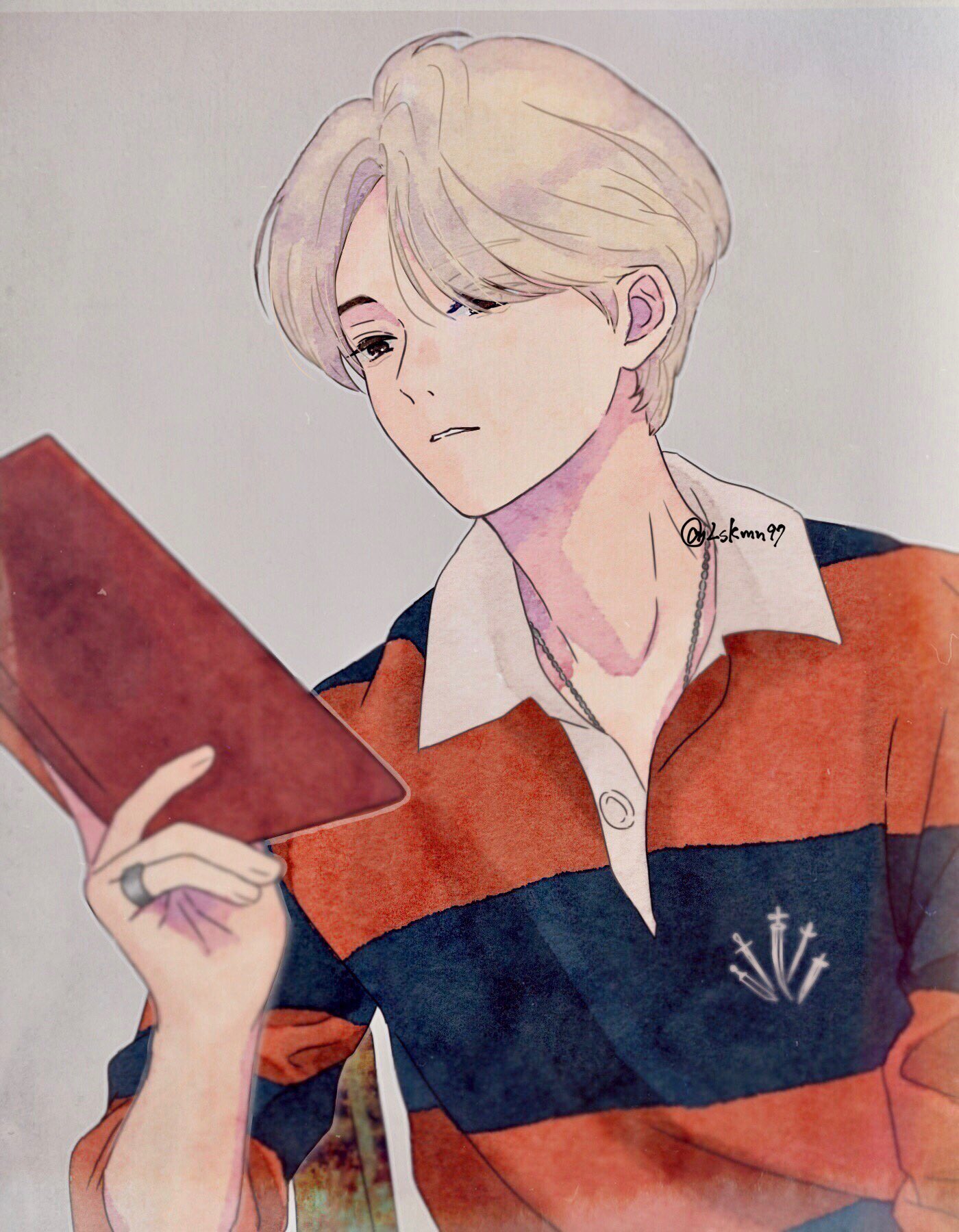 real life, commentary request, highres, 1boy, blonde hair, brown eyes, collared shirt, holding, jeonghan (seventeen), jewelry, lskmn97, male focus, necklace, parted lips, ring, seventeen (group), shirt, short hair, simple background, solo, striped clothes, striped shirt, twitter username, upper body