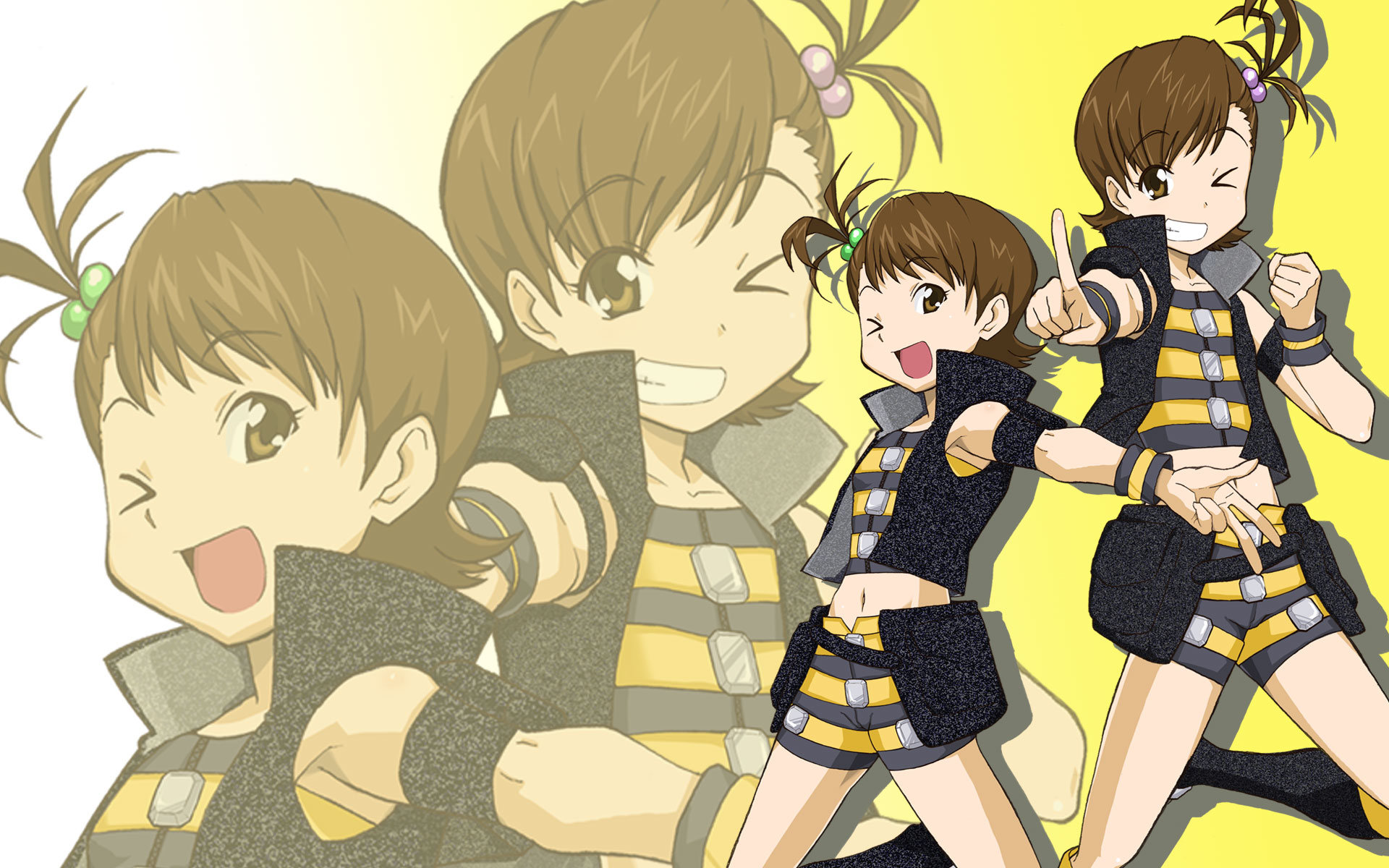 tai (pixiv6134), futami ami, futami mami, idolmaster, idolmaster (classic), bad id, bad pixiv id, highres, 00s, 2girls, brown eyes, brown hair, buckle, cool & sexy (idolmaster), hair bobbles, hair ornament, midriff, multiple girls, one eye closed, ponytail, short hair, short ponytail, siblings, side ponytail, sisters, twins, v, wink