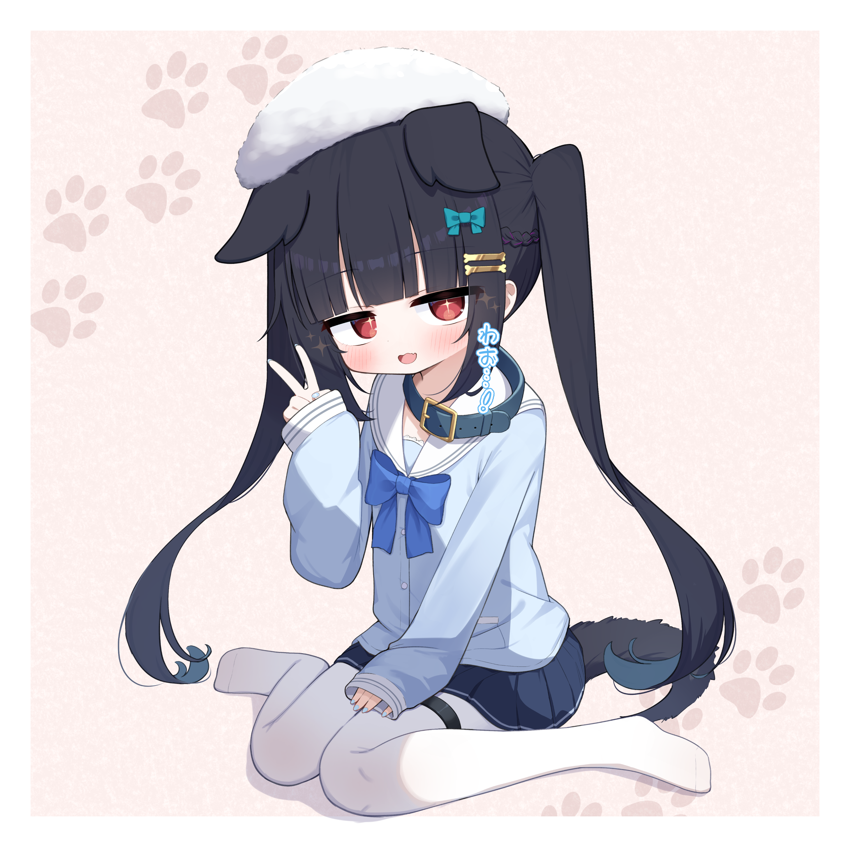 waon (43ctw), original, absurdres, commentary request, highres, large variant set, paid reward available, variant set, + +, 1girl, animal collar, animal ears, belt collar, black hair, blue bow, blue collar, blue nails, blue shirt, blue skirt, blush, bone hair ornament, bow, collar, dog ears, dog girl, dog tail, fang, flat chest, full body, hair bow, hair ornament, hairclip, hat, long hair, looking at viewer, miniskirt, mizuki wao (waon (43ctw)), nail polish, no shoes, open mouth, pantyhose, parallel hairclips, pleated skirt, red eyes, sailor collar, sailor shirt, school uniform, serafuku, shirt, sitting, skin fang, skirt, sleeves past wrists, solo, tail, thigh strap, twintails, v, wariza, white hat, white pantyhose, white sailor collar