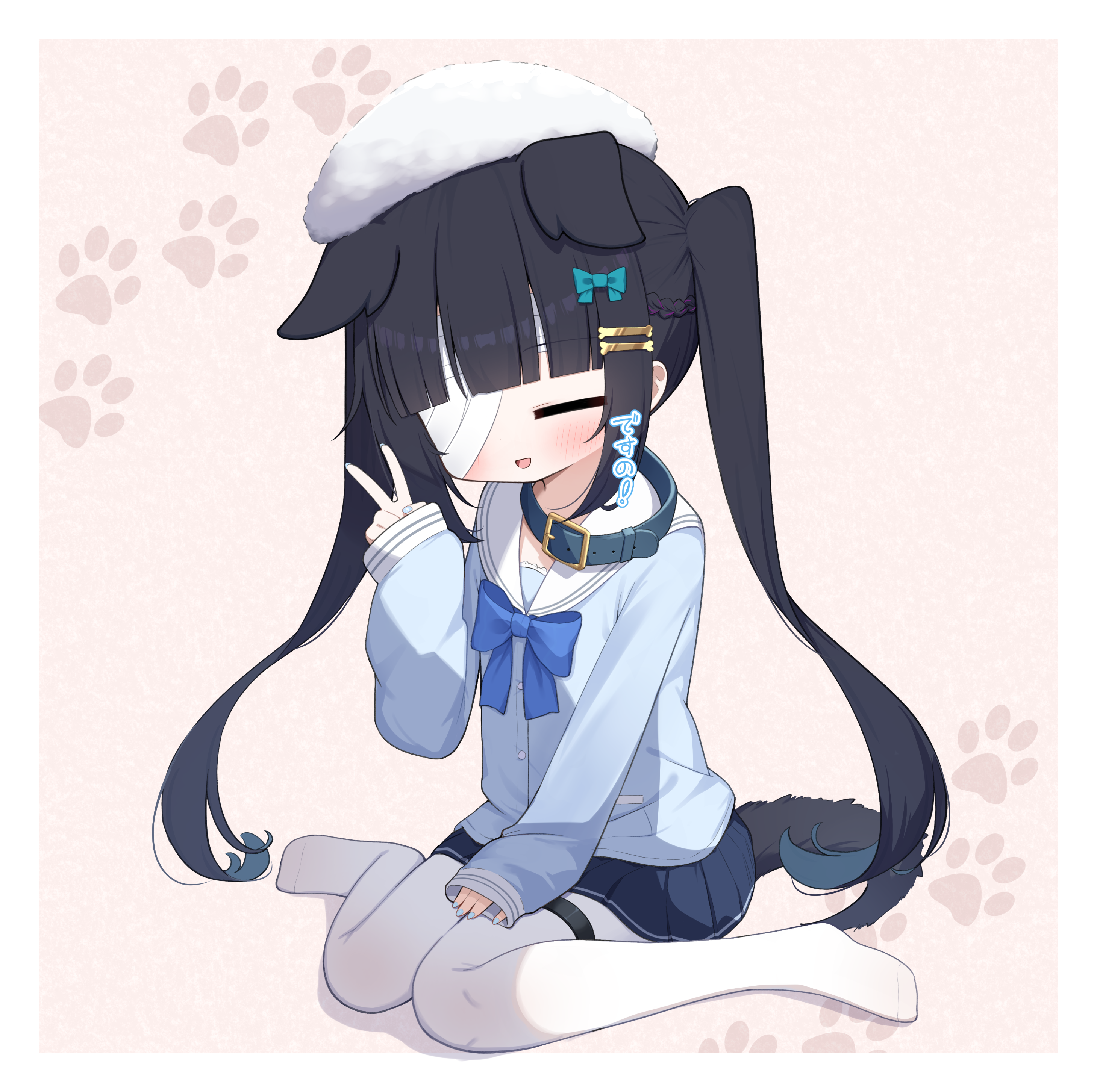 waon (43ctw), original, absurdres, commentary request, highres, large variant set, paid reward available, variant set, 1girl, = =, animal collar, animal ears, bandage over one eye, belt collar, black hair, blue bow, blue collar, blue nails, blue shirt, blue skirt, blush, bone hair ornament, bow, closed eyes, collar, dog ears, dog girl, dog tail, flat chest, full body, hair bow, hair ornament, hairclip, hat, long hair, miniskirt, mizuki wao (waon (43ctw)), nail polish, no shoes, open mouth, pantyhose, parallel hairclips, pleated skirt, sailor collar, sailor shirt, school uniform, serafuku, shirt, sitting, skirt, sleeves past wrists, solo, tail, thigh strap, twintails, v, wariza, white hat, white pantyhose, white sailor collar