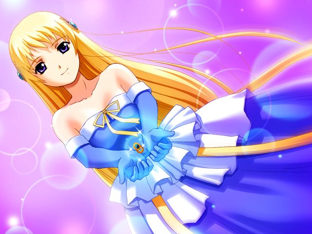 tajima nao, ristill, icon (eroge), game cg, non-web source, 1girl, bare shoulders, blonde hair, dress, dutch angle, elbow gloves, female focus, gloves, gown, jewelry, purple eyes, ring, solo