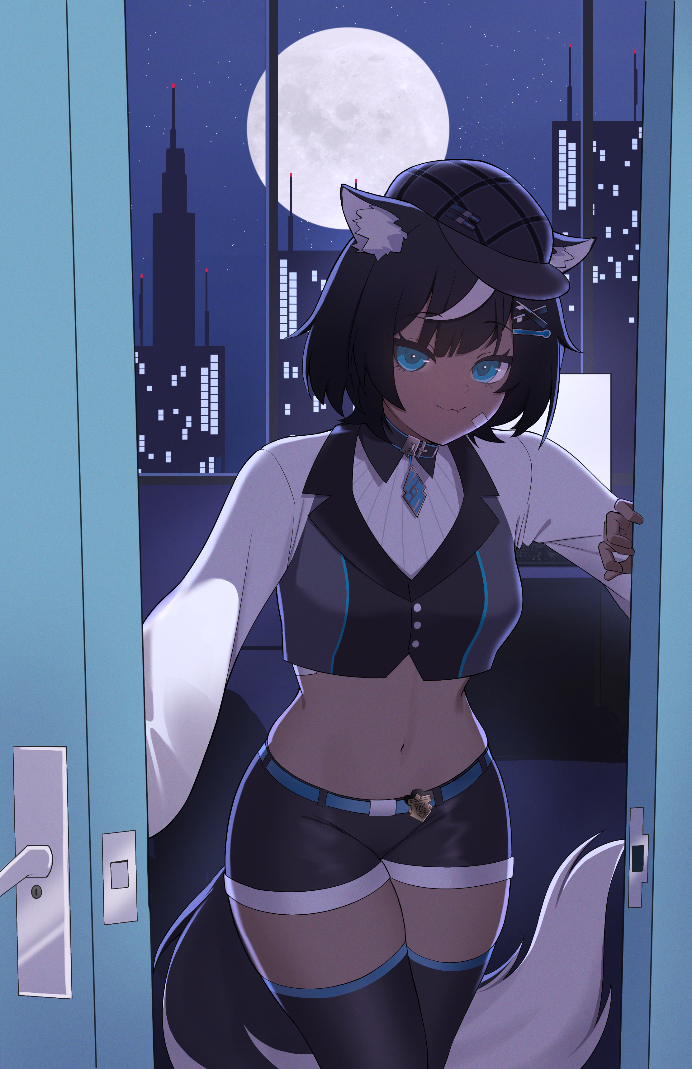 soyokuru, fangsie fido, variance project, commission, highres, 1girl, animal ear fluff, animal ears, badge, bandaid, belly, black hair, blue eyes, building, crossed legs, dog ears, door, dress, full moon, hair ornament, hairclip, hat, indoors, jewelry, looking at viewer, monitor, moon, navel, necklace, night, night sky, pants, shirt, short hair, shorts, sky, skyscraper, smile, standing, thighhighs, thighs, virtual youtuber