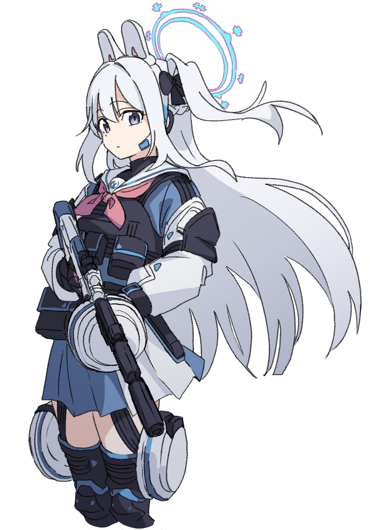 momomatang, miyako (blue archive), blue archive, commentary request, 1girl, animal ear headphones, animal ears, blue halo, blue serafuku, blue shirt, blue skirt, braid, bulletproof vest, closed mouth, fake animal ears, feet out of frame, floating hair, grey hair, gun, hair intakes, half up braid, halo, headphones, holding, holding gun, holding weapon, knee pads, long hair, looking at viewer, miniskirt, neckerchief, one side up, pink neckerchief, pleated skirt, purple eyes, rabbit ear headphones, rabbit ears, sailor collar, school uniform, serafuku, shirt, sidelocks, simple background, skirt, solo, standing, tactical school uniform, very long hair, weapon, white background, white sailor collar