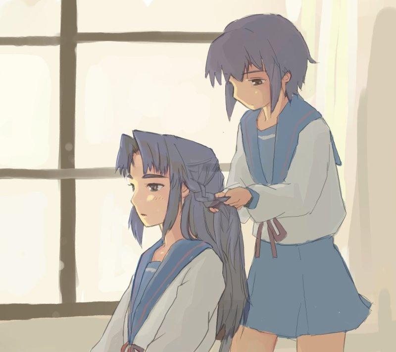 pinzu, asakura ryoko, nagato yuki, suzumiya haruhi no yuuutsu, eyebrows, bad id, jpeg artifacts, 00s, 2girls, blue sailor collar, blue skirt, braid, braiding hair, expressionless, female focus, hair between eyes, hairdressing, indoors, kita high school uniform, multiple girls, parted bangs, parted lips, pleated skirt, sailor collar, school uniform, serafuku, sidelocks, sitting, skirt, standing, window
