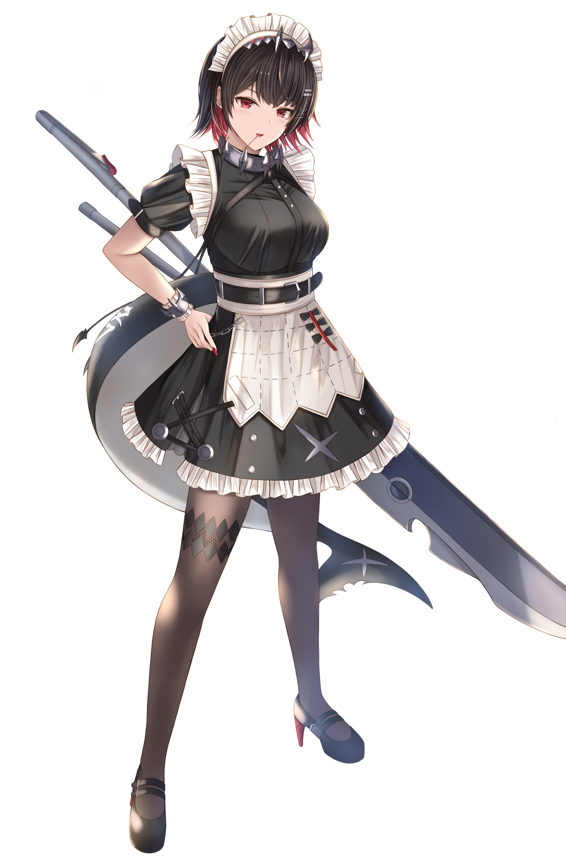 kanpyou (hghgkenfany), ellen joe, zenless zone zero, absurdres, highres, 1girl, black dress, black hair, black pantyhose, black shoes, colored inner hair, dress, fins, fish tail, hair ornament, hairpin, hand on own hip, holding, holding weapon, looking at viewer, maid, maid headdress, mary janes, mole, mole under eye, multicolored hair, nail polish, pantyhose, razor blade hair ornament, red eyes, red hair, red nails, shark girl, shark tail, shoes, short hair, solo, tail, weapon, white background, white headdress