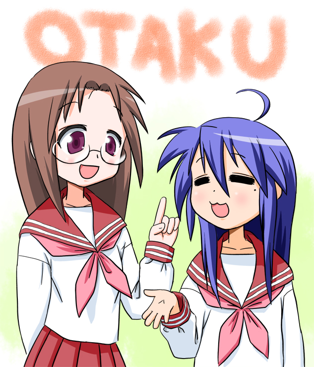 izumi konata, tamura hiyori, lucky star, 00s, 2girls, ahoge, blue hair, brown hair, closed eyes, glasses, mole, mole under eye, multiple girls, purple eyes, school uniform, serafuku