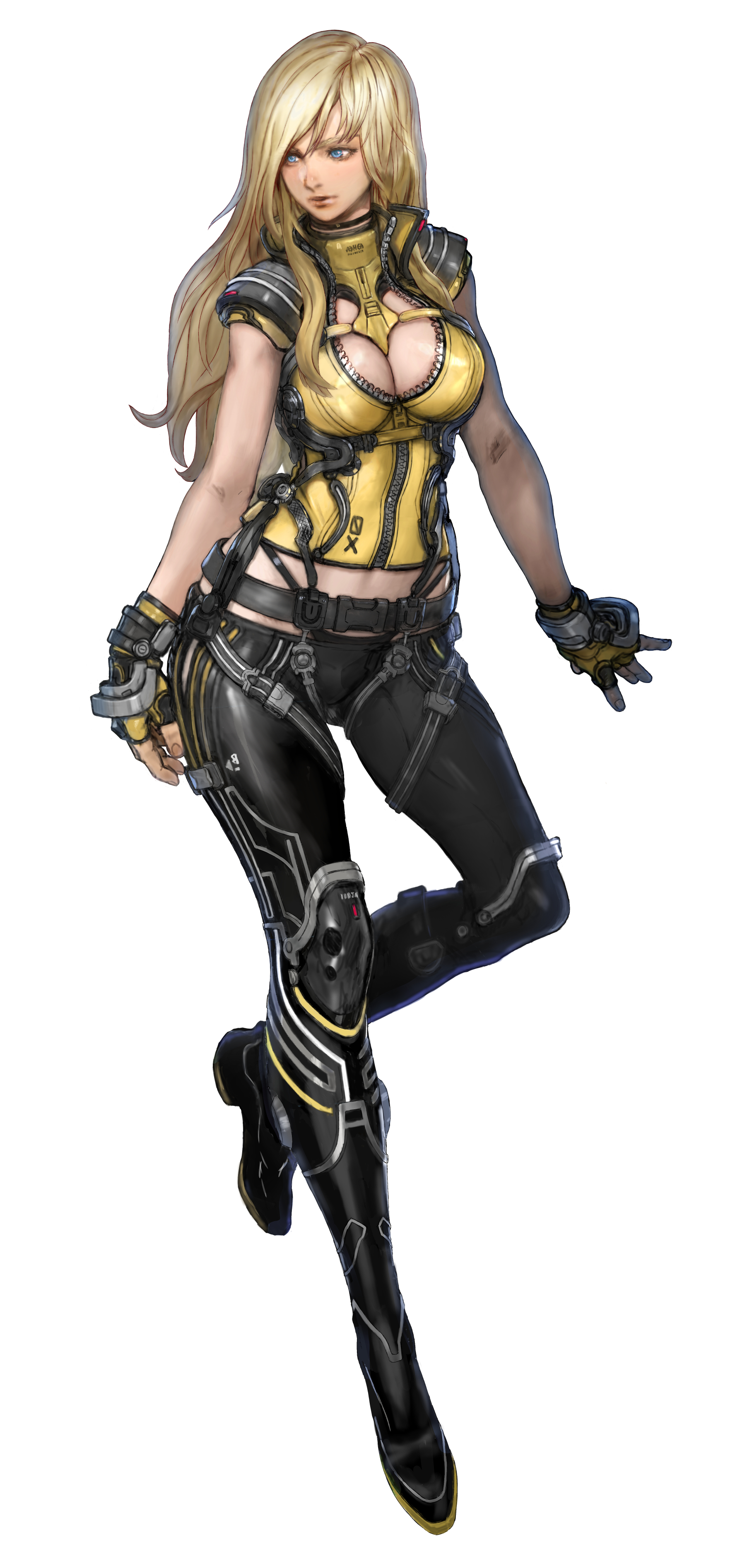 yasuda akira, elena (star ocean), star ocean, star ocean: the divine force, absurdres, highres, official art, 1girl, black boots, black pants, blonde hair, blue eyes, boots, breasts, buckle, cleavage, cleavage cutout, clothing cutout, crop top, fingerless gloves, full body, gloves, large breasts, long hair, looking to the side, pantaboots, pants, shirt, skin tight, sleeveless, sleeveless shirt, solo, tachi-e, thigh boots, thighhighs, transparent background, yellow gloves, yellow shirt