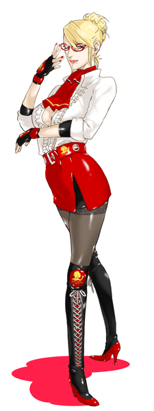 fugi jis, miss spencer, rumble roses, 1girl, blonde hair, breasts, cleavage, female focus, gloves, high heels, large breasts, open clothes, open shirt, pencil skirt, shirt, shoes, skirt, solo