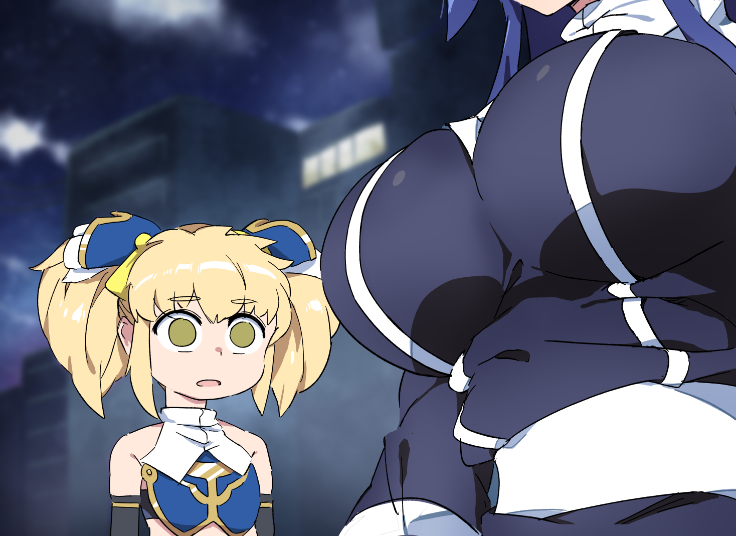 touniyuu, mika returna, orie ballardiae harada, under night in-birth, 2girls, blonde hair, blue hair, breast awe, breasts, building, dress, empty eyes, flat chest, hair ornament, height difference, large breasts, long hair, looking at another, looking at breasts, multiple girls, night, open mouth, short twintails, twintails, yellow eyes