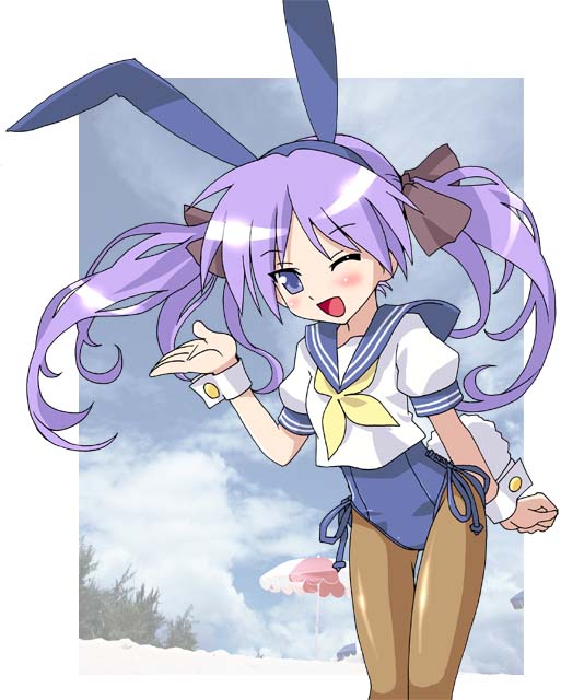 hiiragi kagami, lucky star, non-web source, 00s, animal ears, blue eyes, fake animal ears, long hair, one eye closed, pantyhose, playboy bunny, purple hair, rabbit ears, school uniform, serafuku, solo, twintails, wink