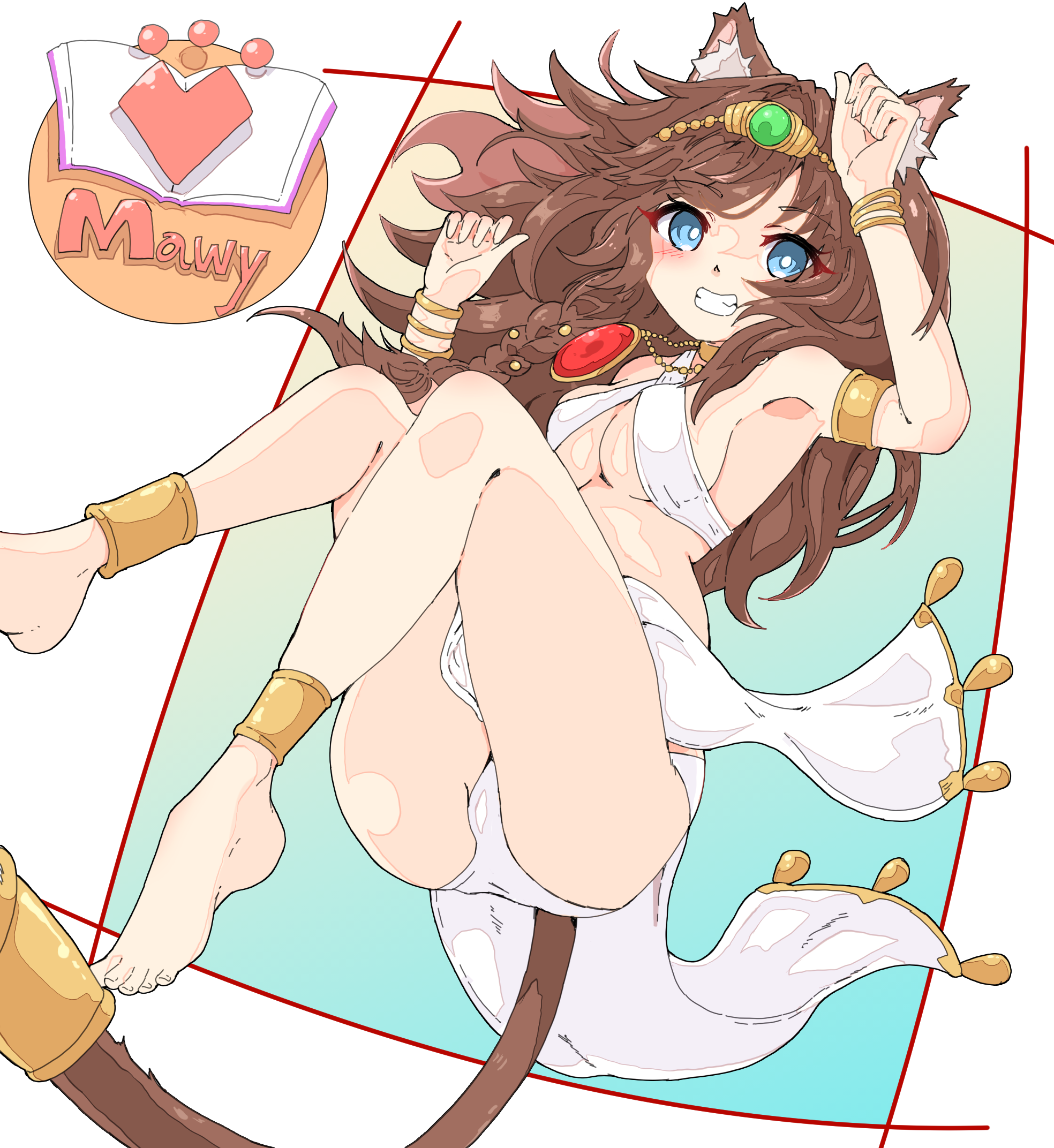 onihime takun, original, commission, highres, non-web source, skeb commission, ancient egyptian clothes, animal ear fluff, animal ears, anklet, aqua eyes, armlet, armpits, barefoot, book, bracelet, brown hair, cat ears, cat tail, character name, gold necklace, jewelry, long hair, magical girl, mewry (fuki nyan), necklace, open book, panties, pantyshot, smile, tail, underwear, white panties
