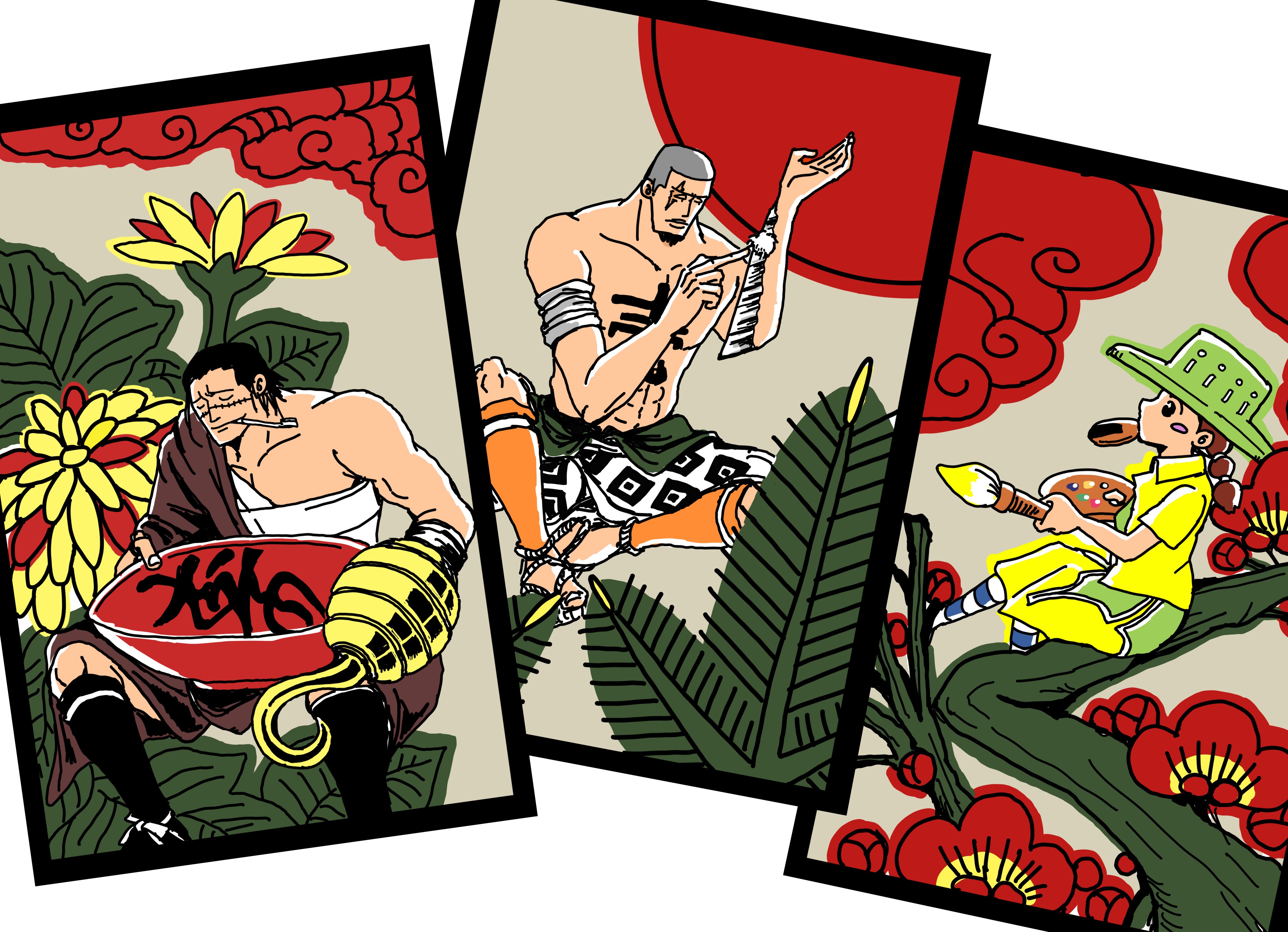 user waag8255, crocodile (one piece), daz bones, miss goldenweek, one piece, absurdres, highres, 1girl, 2boys, abs, bandaged torso, black hair, buzz cut, card, food, green hat, grey hair, hair slicked back, hat, holding, holding brush, holding paint palette, hook hand, multiple boys, paint palette, profile, senbei, shirt, short hair, stitched face, stitches, topless male, twintails, very short hair, yellow shirt