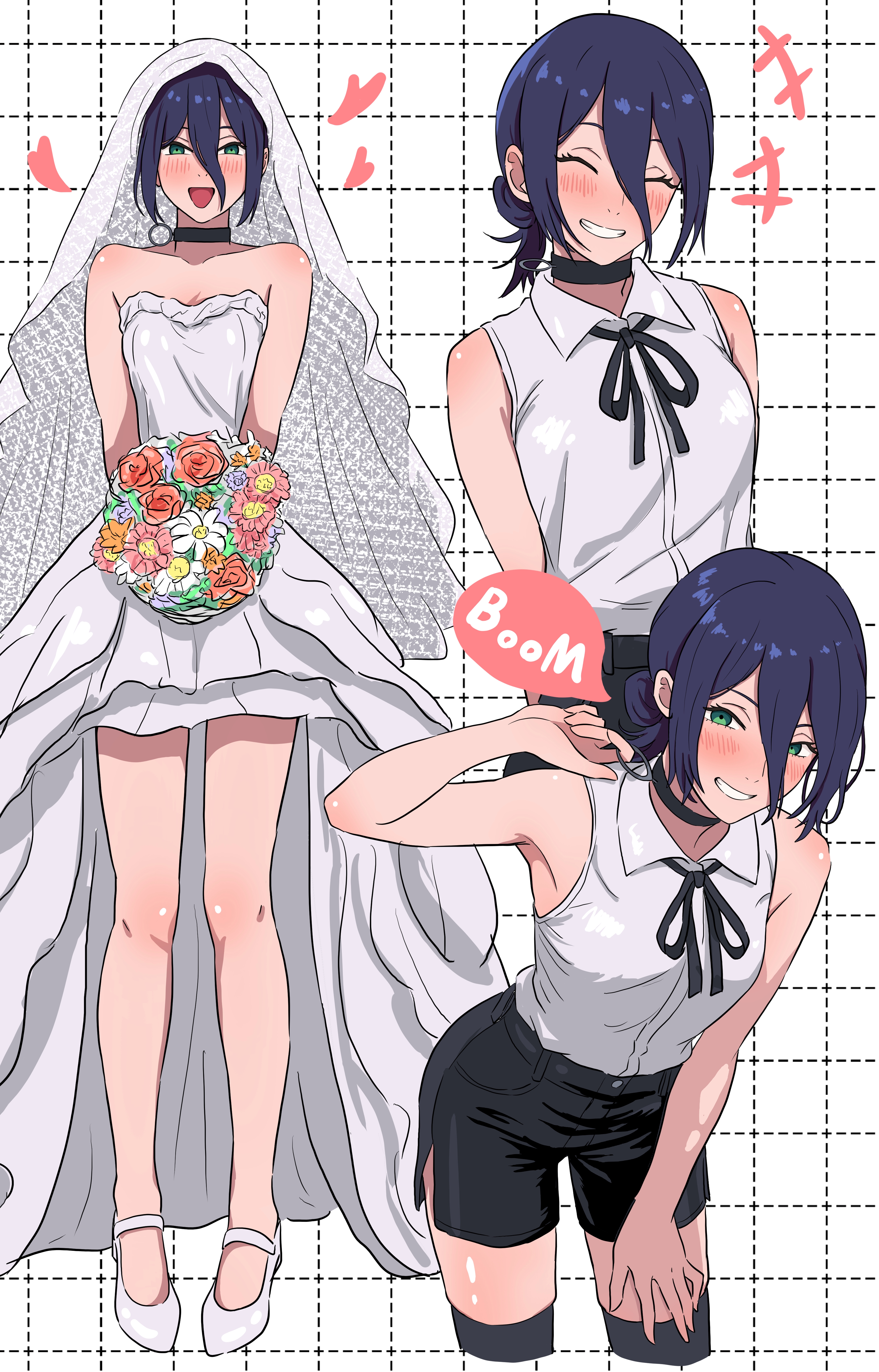 yoshikirino, reze (chainsaw man), chainsaw man, absurdres, commentary request, highres, 1girl, ^ ^, alternate costume, armpits, bare legs, black choker, black ribbon, black shorts, black thighhighs, blush, bouquet, breasts, bridal veil, choker, closed eyes, collarbone, collared shirt, cropped legs, dotted line, dress, flower, green hair, grenade pin, grid background, grin, hair between eyes, heart, holding, holding bouquet, leaning forward, long hair between eyes, looking at viewer, multiple views, neck ribbon, ribbon, shirt, shirt tucked in, shoes, shorts, sleeveless, sleeveless shirt, small breasts, smile, strapless, strapless dress, thighhighs, veil, wedding dress, white dress, white shirt, white shoes