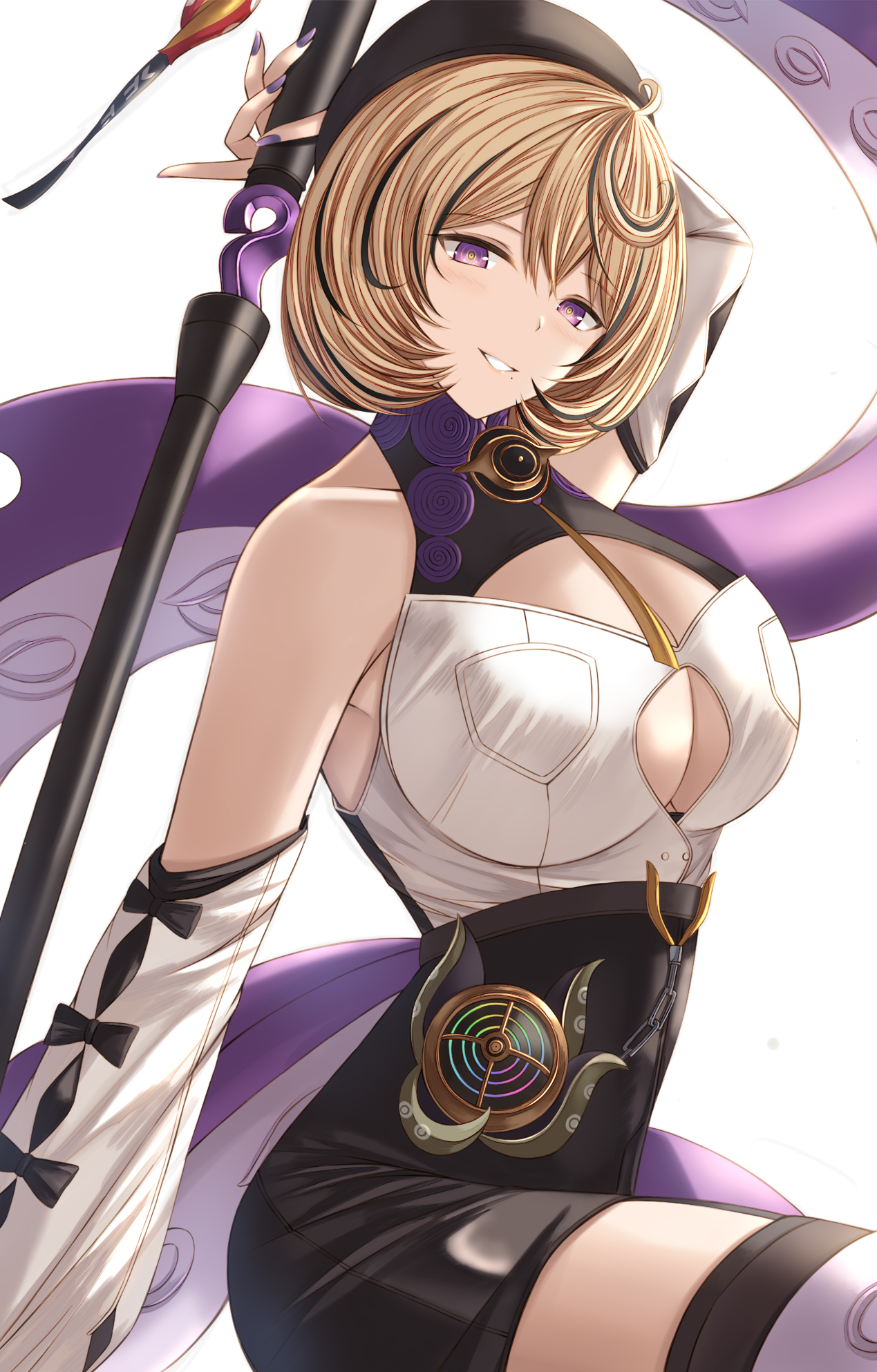 kanpyou (hghgkenfany), yidhari (zenless zone zero), zenless zone zero, highres, 1girl, arm behind head, arm up, beret, black hat, black shorts, blonde hair, breasts, cleavage, closed mouth, hat, looking at viewer, medium breasts, mole, mole under mouth, nail polish, purple eyes, purple nails, shirt, shorts, smile, solo, tentacles, thigh strap, white shirt