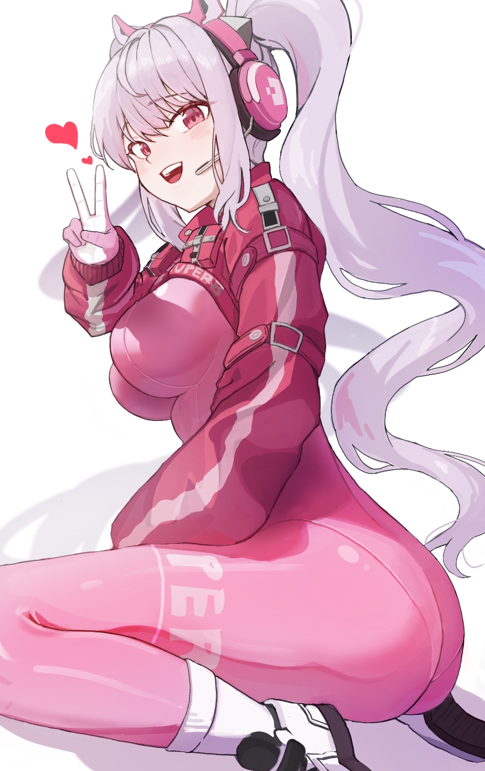 ariari, alice (nikke), goddess of victory: nikke, highres, 1girl, animal ear headphones, animal ears, ass, blush, bodysuit, breasts, covered navel, fake animal ears, gloves, headphones, headset, impossible bodysuit, impossible clothes, jacket, large breasts, latex, latex bodysuit, long hair, looking at viewer, multicolored gloves, open mouth, pink bodysuit, pink eyes, pink gloves, pink hair, shrug (clothing), skin tight, smile, solo, twintails, two-tone gloves, v, white background