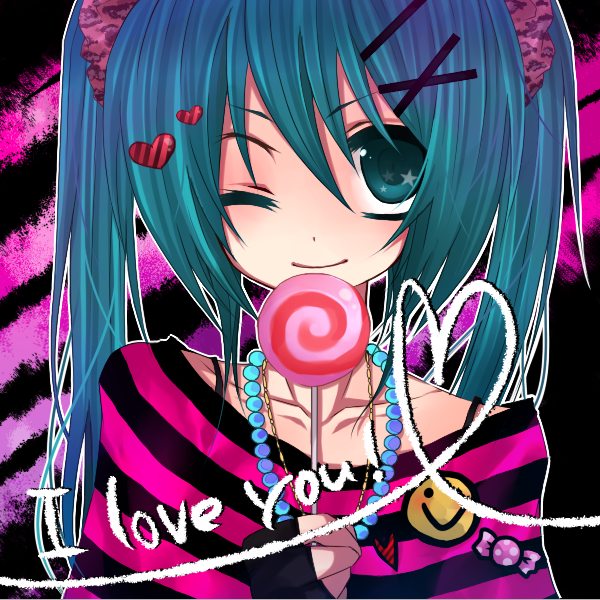 sakurase yuzuru, hatsune miku, vocaloid, striped, bad id, bad pixiv id, aqua eyes, aqua hair, candy, food, heart, jewelry, lollipop, necklace, one eye closed, solo, swirl lollipop, twintails, wink