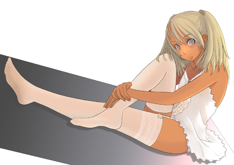 kiriman (souldeep), original, 1girl, blonde hair, blue eyes, chemise, dark-skinned female, dark skin, female focus, full body, garter straps, sitting, solo, stretching, thighhighs, white thighhighs